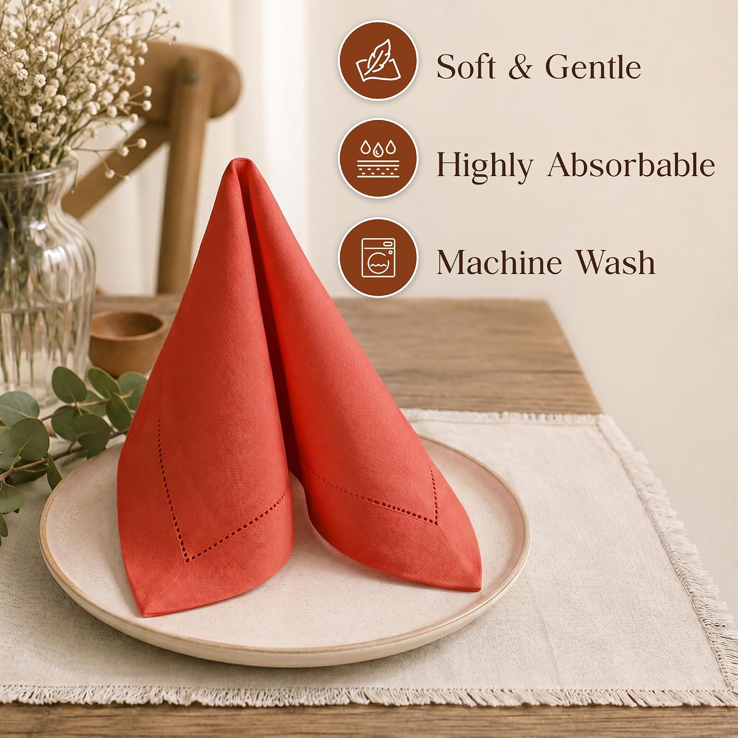 CLOUDLOOM Hemstitch Cotton Cloth Napkins, Orange, Set of 12, 18"x18"