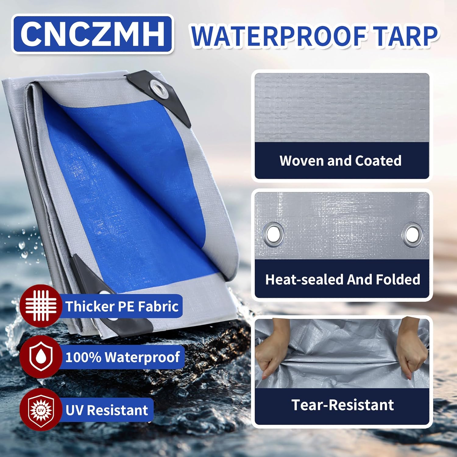 Heavy Duty Tarp Waterproof, 16 Mil Thick Finished Size Tarps Outdoor, Multipurpose Tarpaulin Cover, Small Tarp for Emergency Rain Shelter Camping (Silver/Blue, 18x24ft)