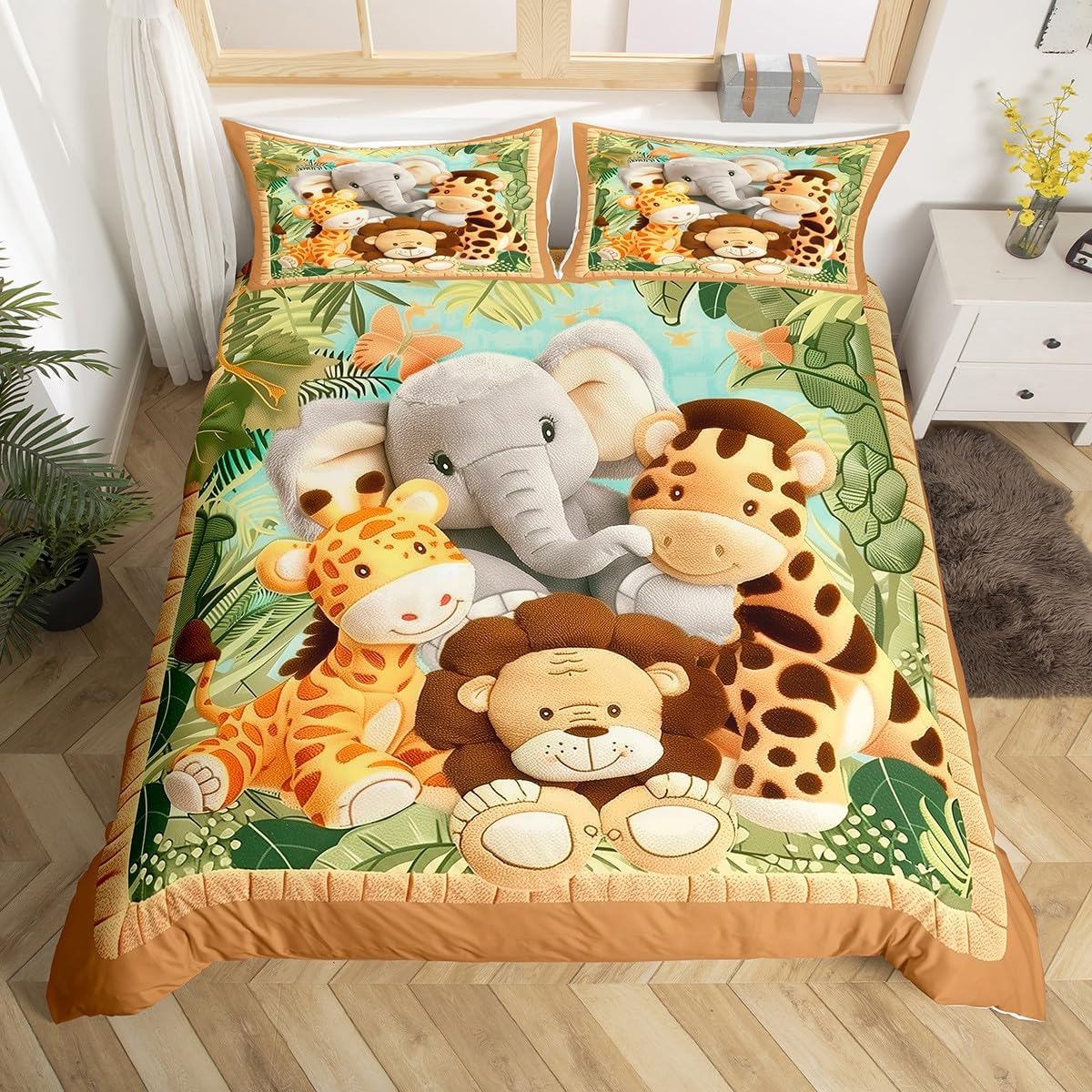 Feelyou Toddler Cartoon Animal Bedding Set for Kids Boys Girls Tiger Comforter Cover Set Queen Size Elephant Duvet Cover Room Decor Lion Bedspread Cover Elephant Bedding Collection 3Pcs, No Comforter