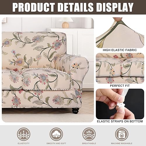 Miniatura 2 de SearchI Funda elástica para sofá de 3 piezas, con estampado floral, con 2 fundas de cojín separadas, protector de muebles lavable para sala de estar