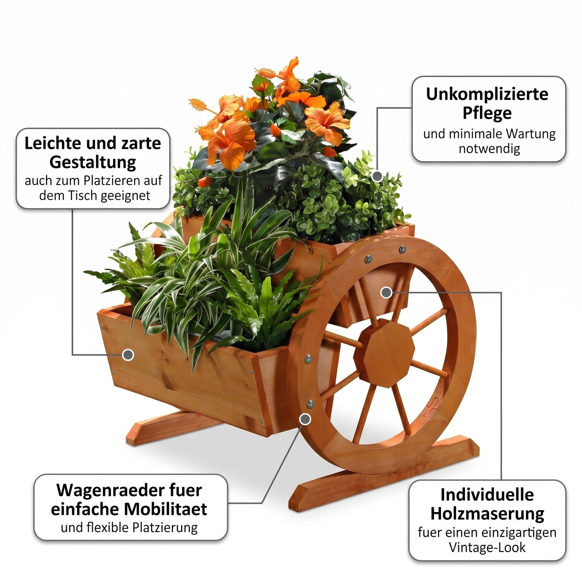 Mucola Pflanzkübel mit Wagenrädern aus Fichtenholz 44x42x40cm – Dekorativer Blumenwagen im Landhausstil mit 2 Pflanzfächern für Garten und Terrasse, Gartendeko Nostalgisch, Natürliche Holzoptik