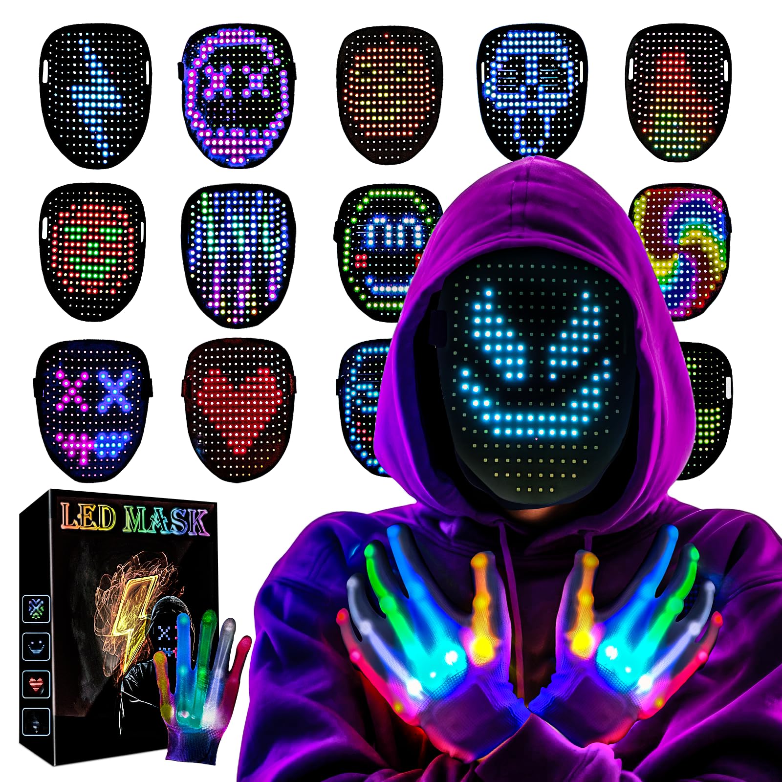 Led-Maske Handschuhe weihnachtsgeschenke Für Kinder Jungen Herren 2026, Gestenerkennung Wiederaufladbar Leuchtende Gesicht Halloween-Kostüm Cosplay Mask, Coole Spielzeug Für Erwachsene Damen