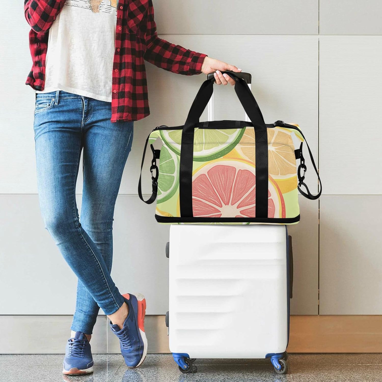 Green Lemon Fruit Travel Tote Bag Carry on Bag with Toiletry Bag for Gym Foldable