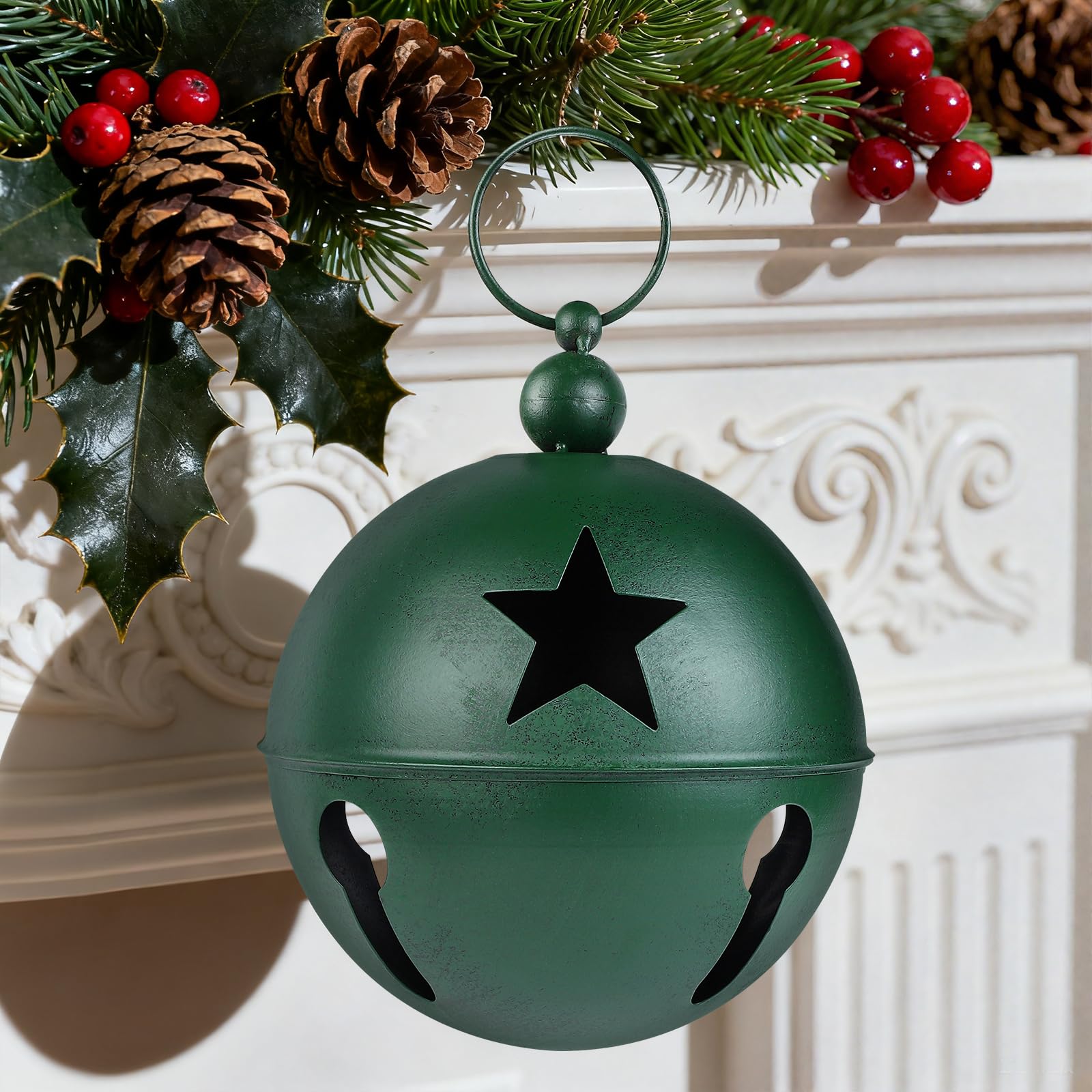 YiYa Grandes Cloches de Décoration de Noël Grande Cloche d'Artisanat Ornement avec Étoile 23,9x31,0 cm Cloches de Noël Grelots pour Arbre de Noël Vacances Porte d'Entrée Maison Jardin Décor (Vert)