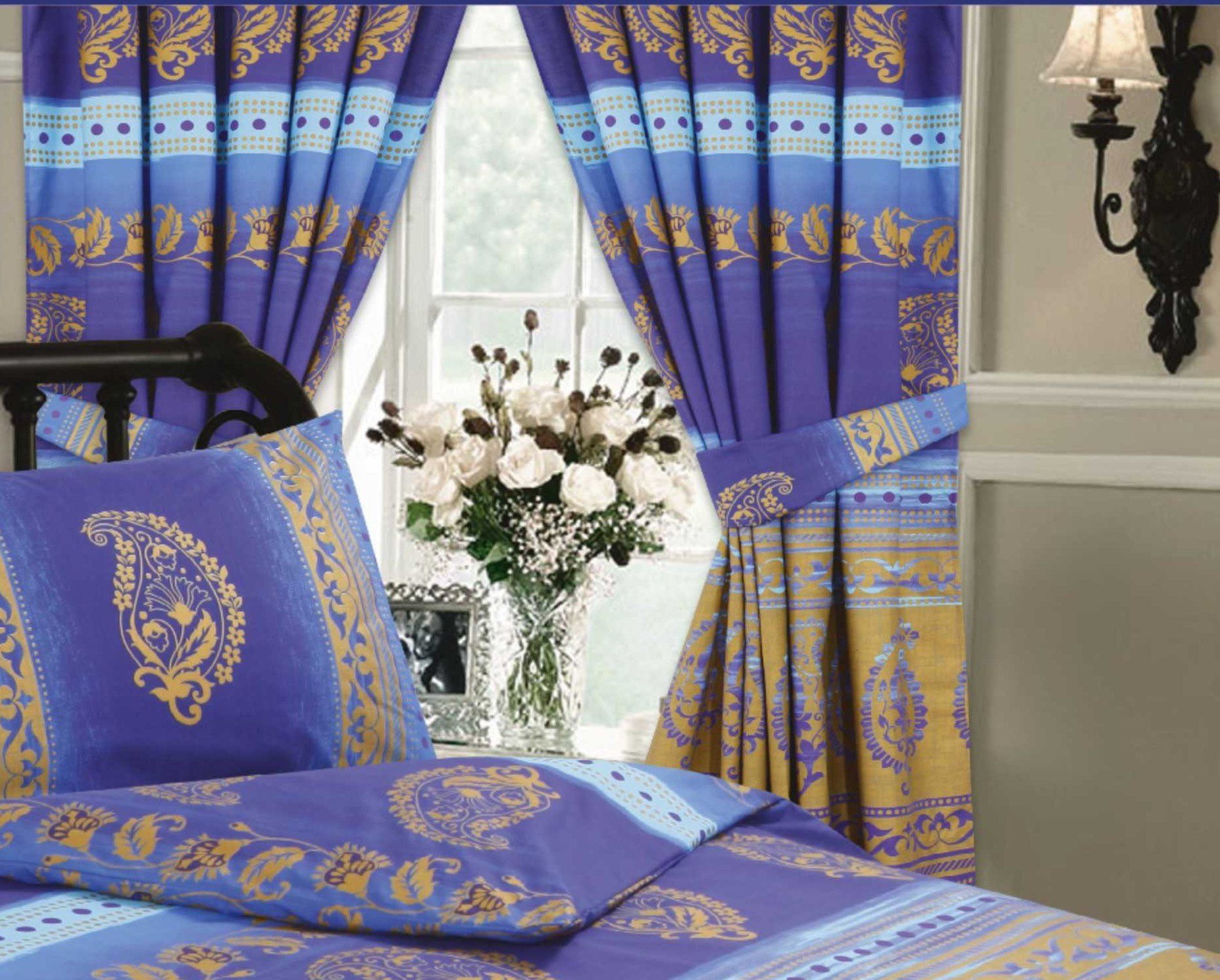 Ambiance Home 183 H X 168 L Centimeters Kashmir Blue, 66"X72" Curtains + Matching Tie-Backs, Ethnic Asian Indian Floral Dots Print, Navy Sky Blue Purple Metallic Gold