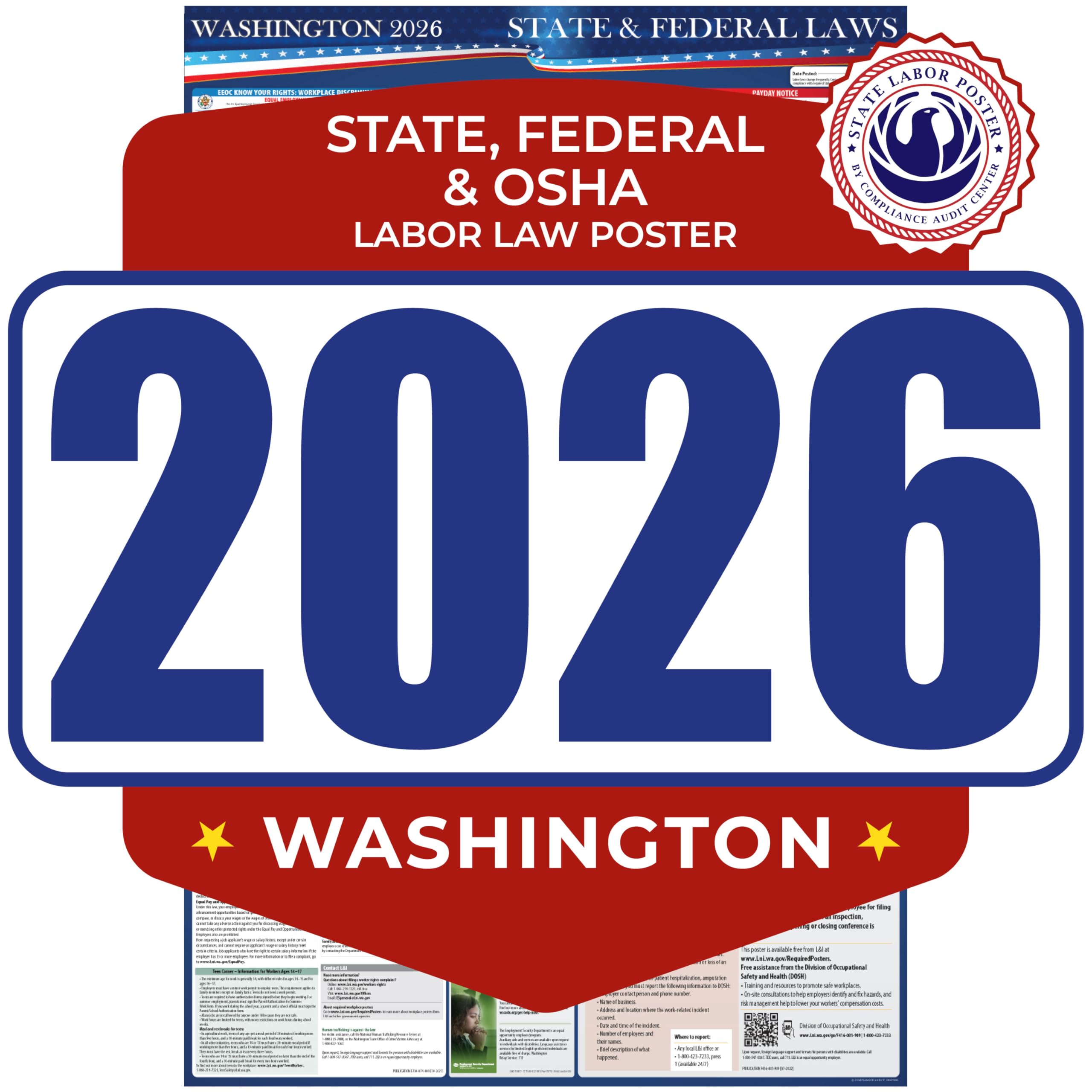 2026 Washington State and Federal Labor Law Poster - OSHA Workplace Compliant - Mandatory Regulations Posting for Employees - All-in-One Required