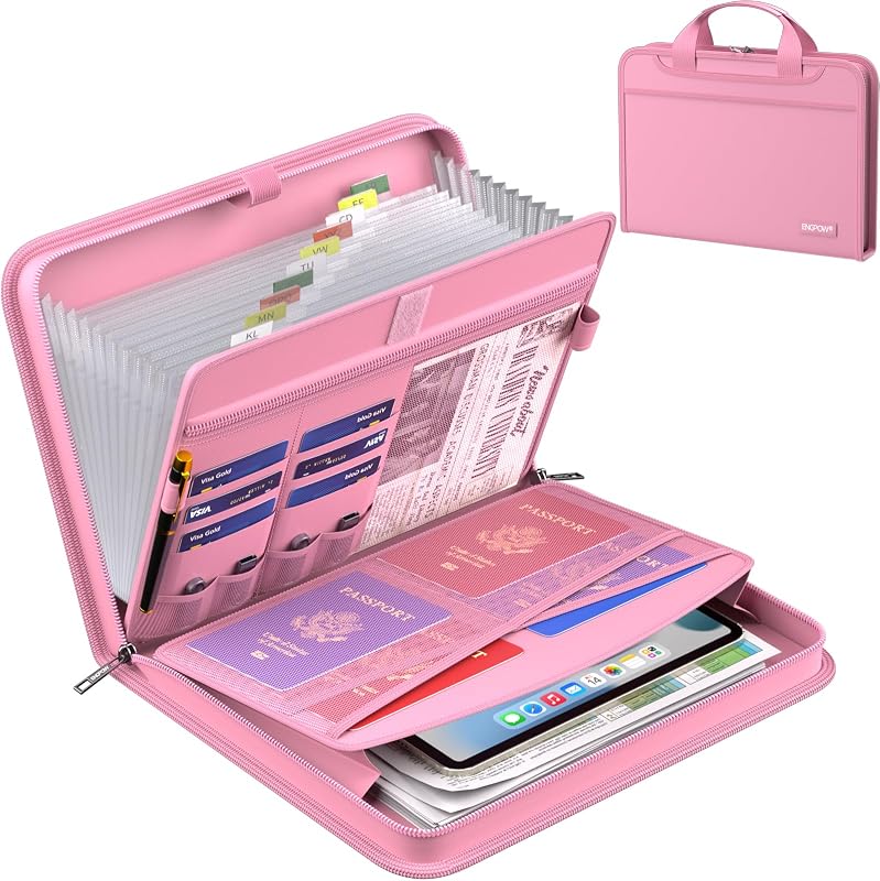 ENGPOW Organizador de archivos de acordeón, carpeta de archivos expandible ignífuga con múltiples bolsillos, organizador de documentos de 13 bolsillos con asa y etiquetas, carpeta de almacenamiento portátil para archivos A4, color rosa