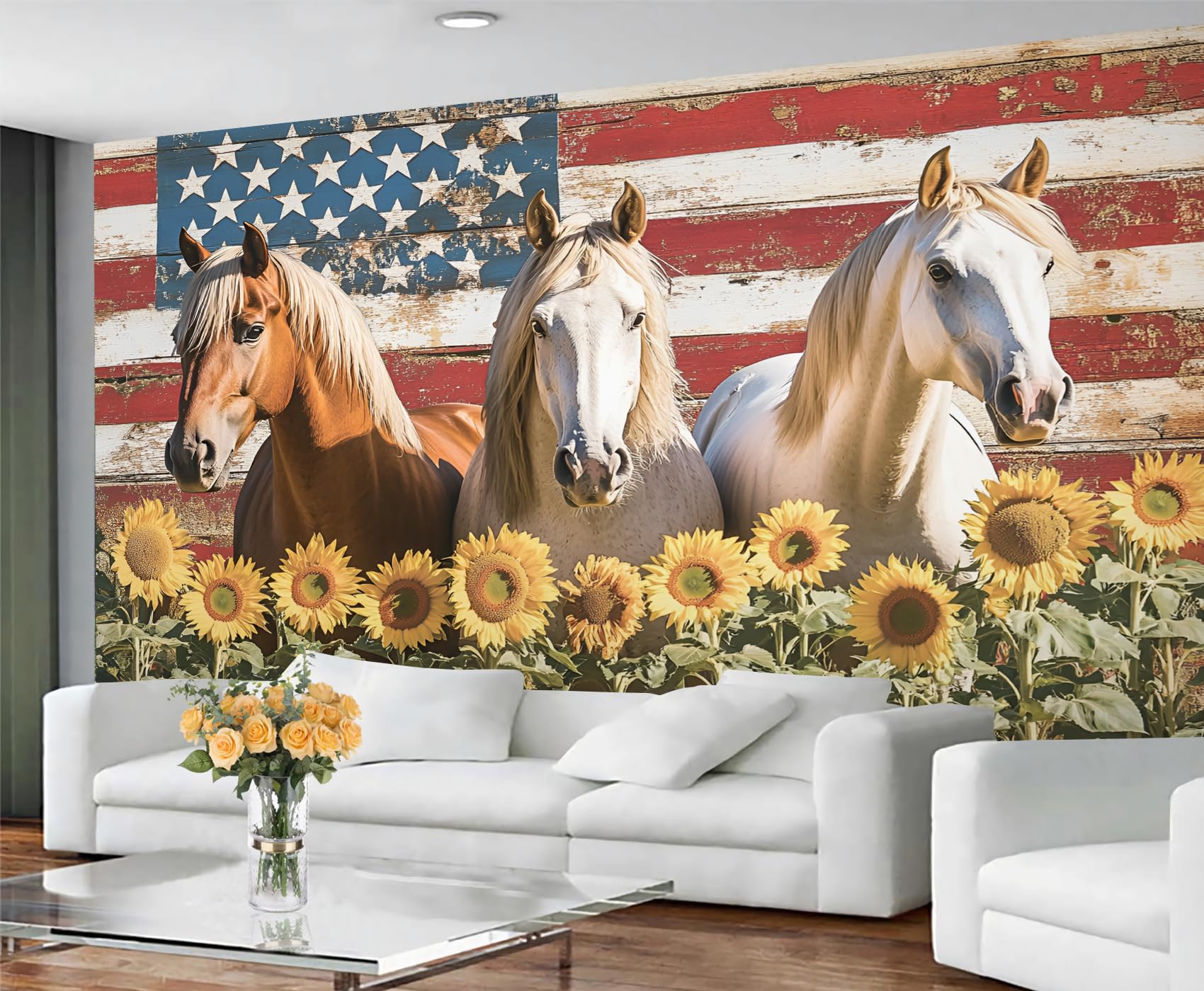 GIVLWF Wallpaper - Western Horse Home Decor & Mural, Self Adhesive Wallpaper for Living Room, American Flag Wall Mural, Sunflower Animals Bedroom Wall Paper, Peel and Stick — image 1