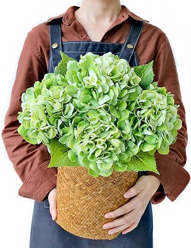 4 flores de hortensias sintéticas de tacto real, 21 pulgadas, flores de seda de látex verde para decoración, ramo de flores falsas vintage para