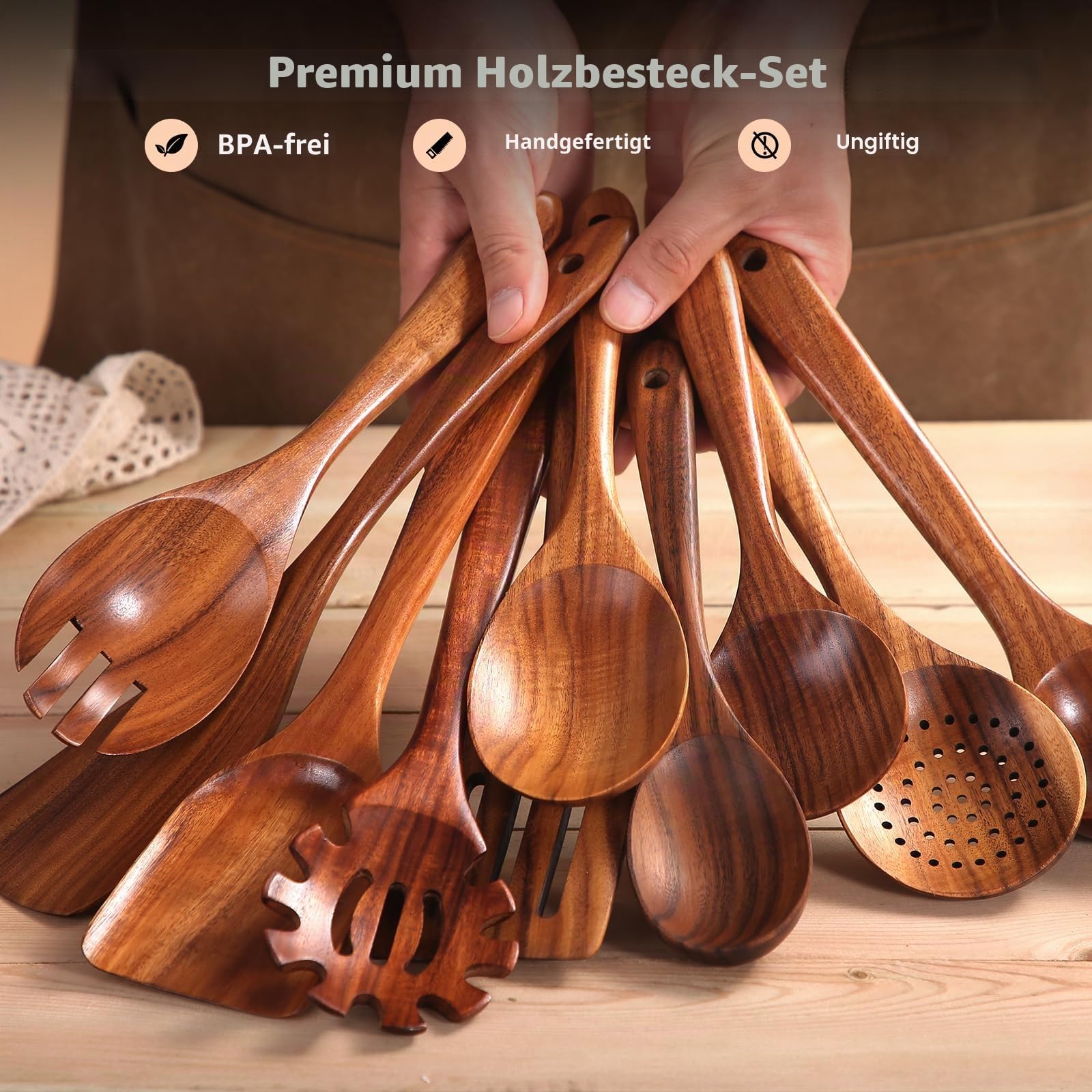 AIUHI 10-teiliges Teakholz-Küchenutensilien-Set, Holzutensilien zum Kochen, antihaftbeschichtetes Küchen-Pfannenwender-Set zum Kochen und Servieren