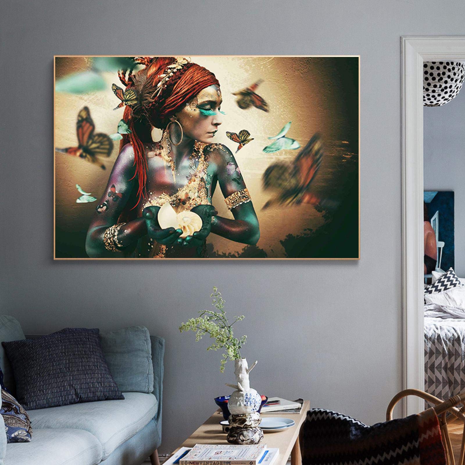 Yooyu Cuadros de pintura de lienzo de mariposa de mujer africana, carteles e impresiones, cuadro de arte de pared escandinavo para decoración de sala de estar, 40x70cm (16x28in), marco dorado
