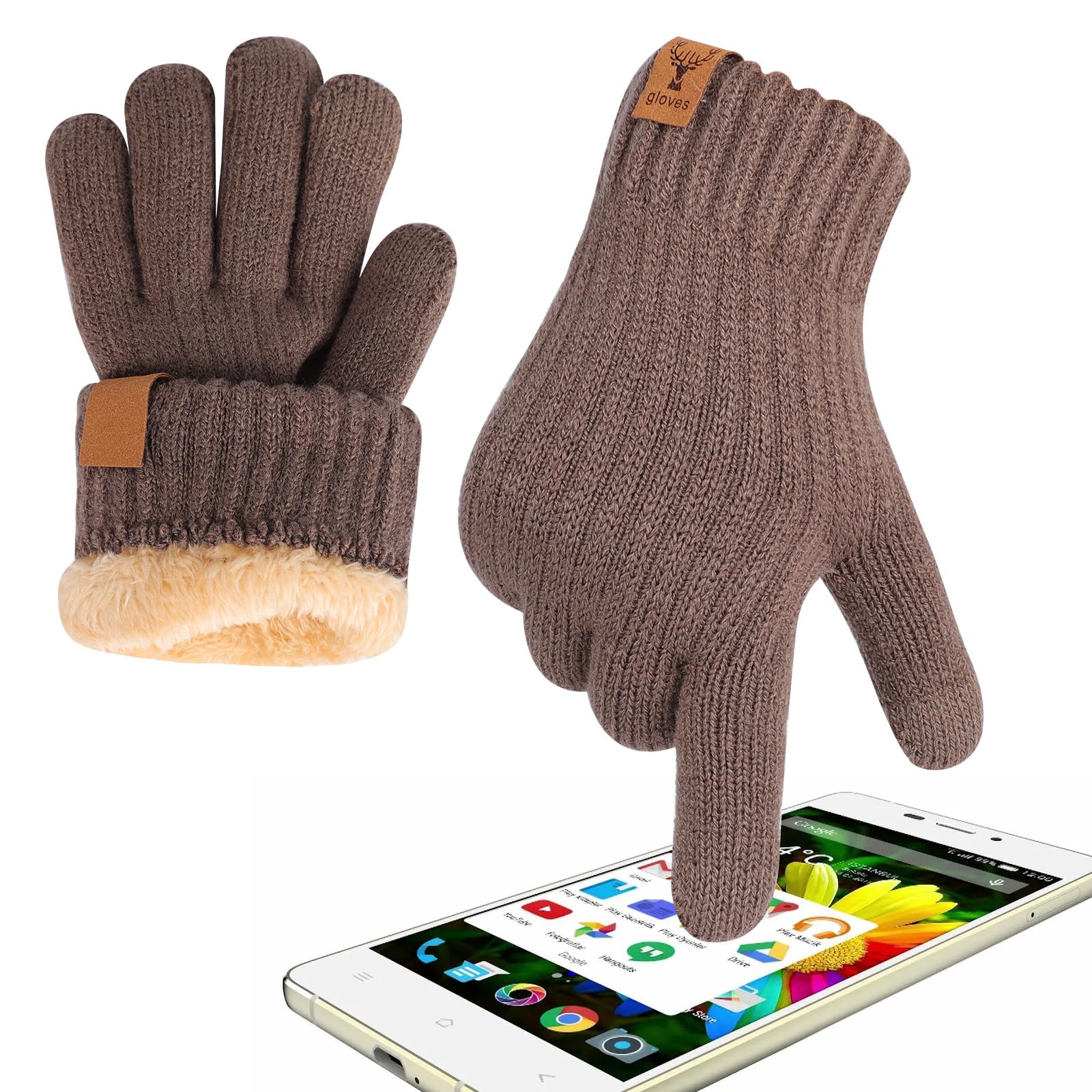 Risipu Winter Warm Gloves for Men Women Thermal Touch Screen Gloves with Fleece Lining Soft Warm Knit Glove for Skiing Cycling Hiking (Khaki, One Size)