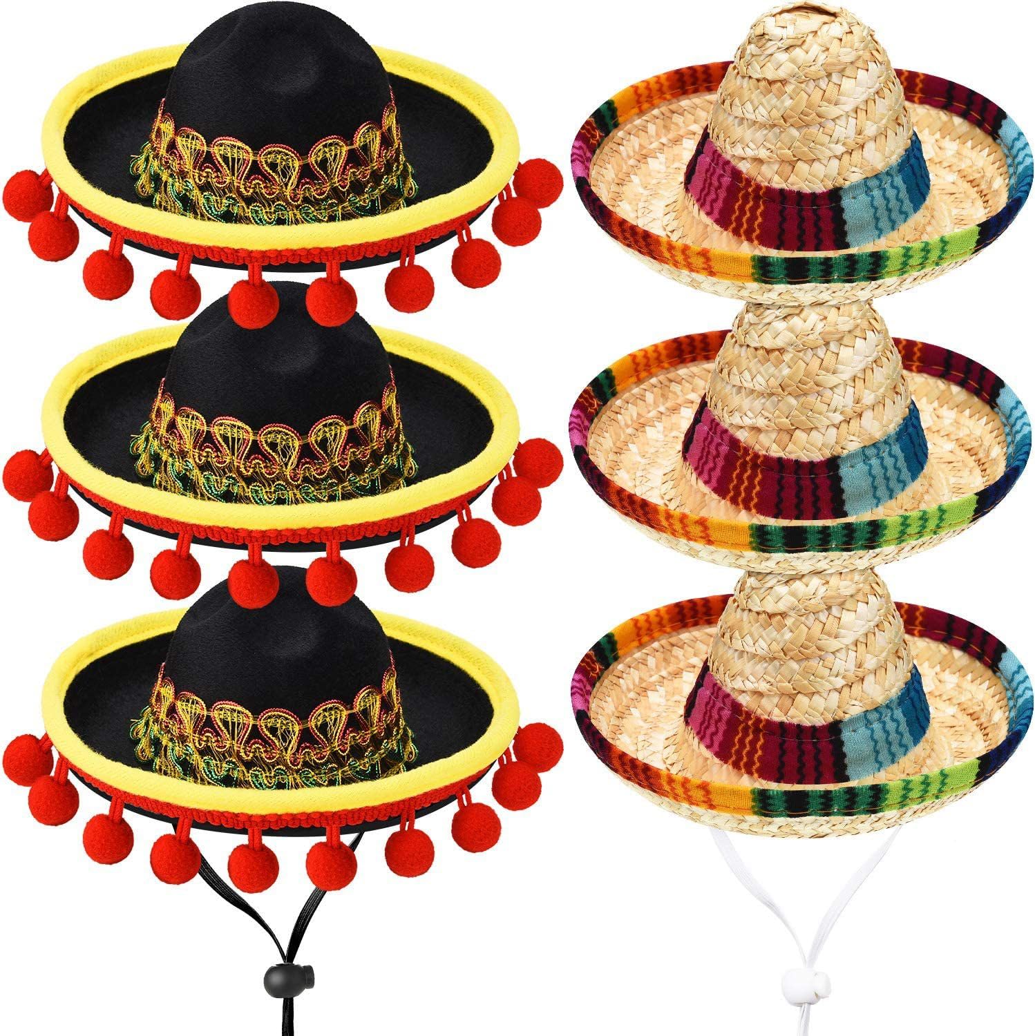 Falafoty Mini Mexican Sombrero Hats, 6PCS Mini Fun Fiesta Straw Hats Cinco De Mayo Fabric Sombrero Mexican Fancy Dress
