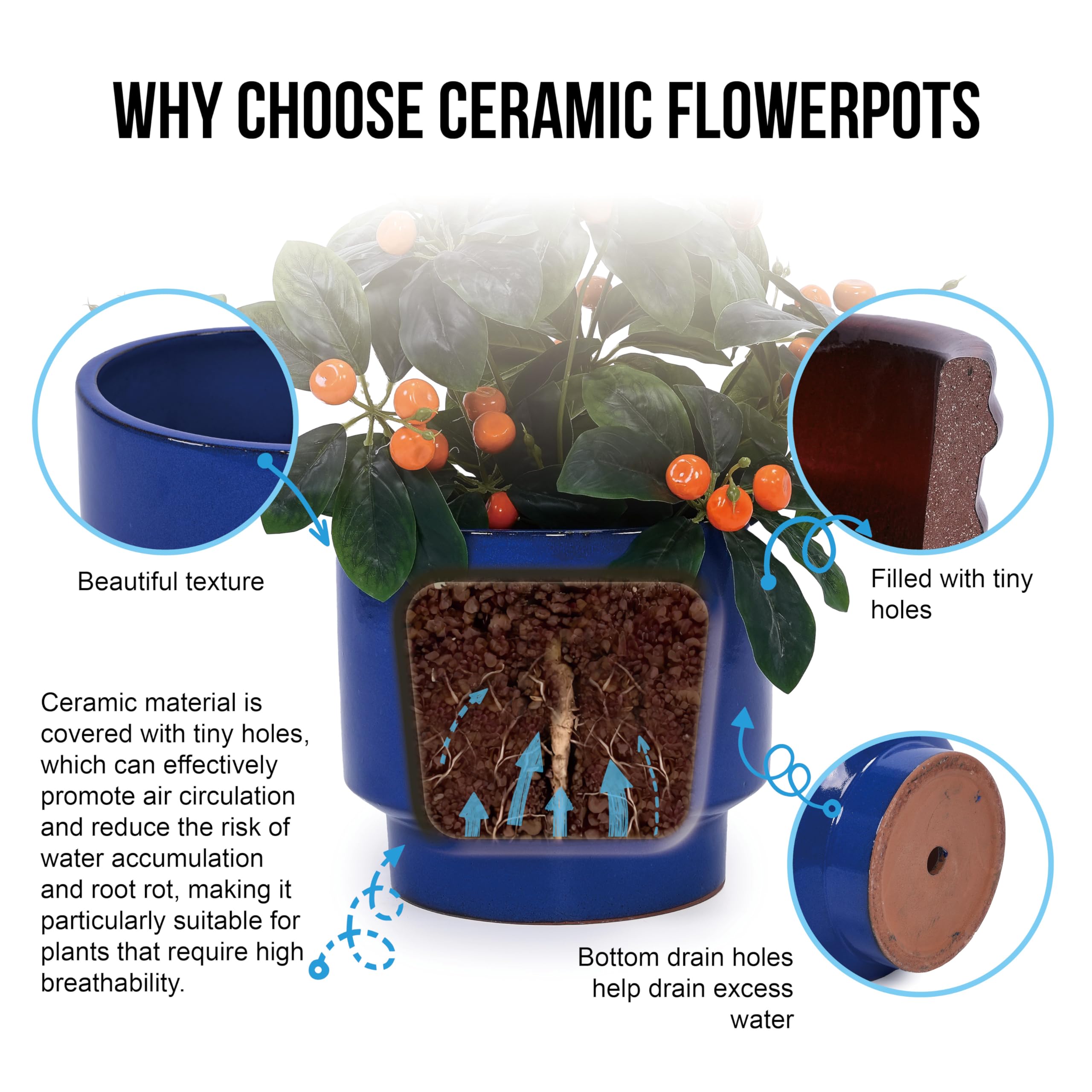3er-Set Keramik Blumentöpfe Handgefertigt, Durchmesser 38.1/30.5/22.9 cm, Pflanzkübel Groß Außen mit Drainage für Innen und Außen, Terrasse, Gartendeko für Draußen Wetterfest, Blau Glasierte