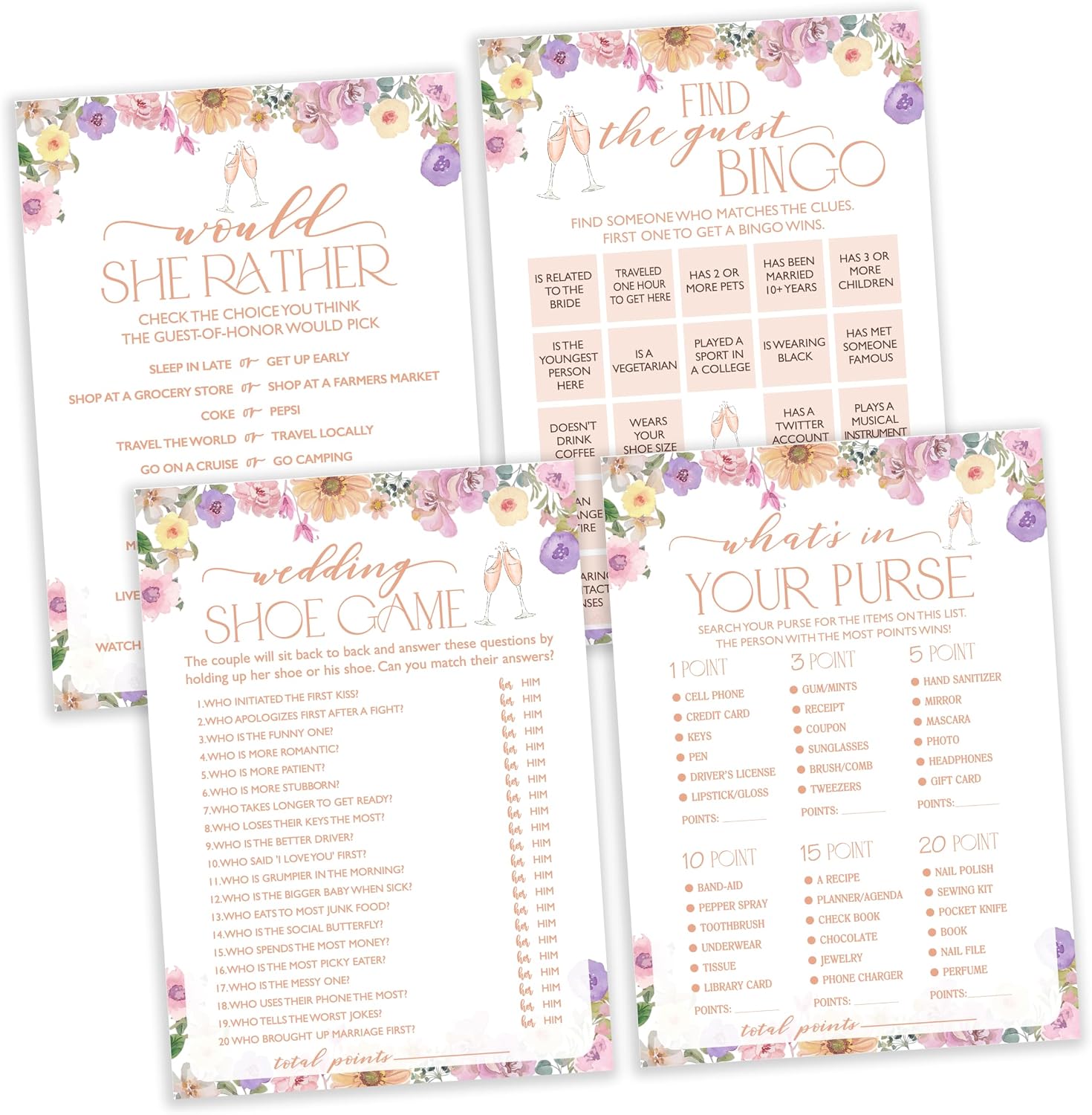 Bridal Shower Game, Find The Guest Bingo, Wedding Shoe, What's In your Purse, Would She Rather, 4 Games for 25 Guests, Engagement Party Supplies, Wedding Favors -Set01