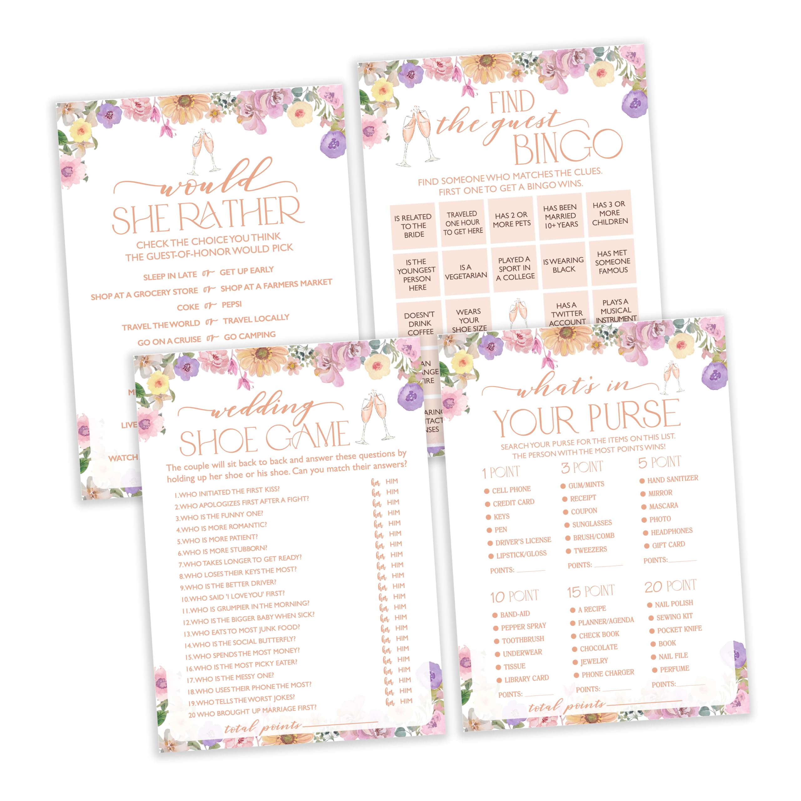 Bridal Shower Game, Find The Guest Bingo, Wedding Shoe, What's In your Purse, Would She Rather, 4 Games for 25 Guests, Engagement Party Supplies,