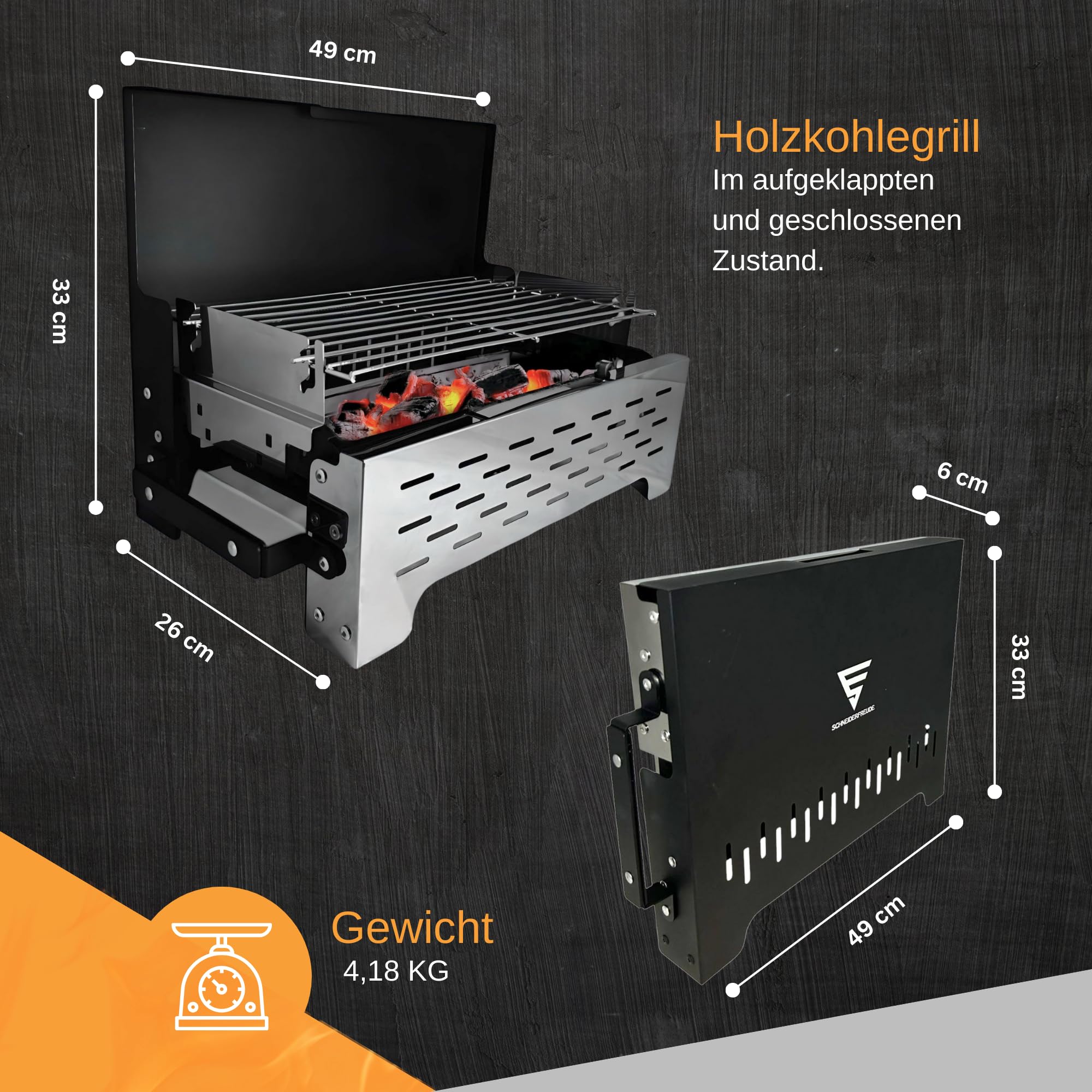 SCHNEIDERFREUDE Klappgrill 2.0: Höhenverstellbarer Camping-Grill mit Doppelfunktions-Zangen & Tasche – DEKRA-geprüfter Holzkohlegrill für Outdoor & BBQ