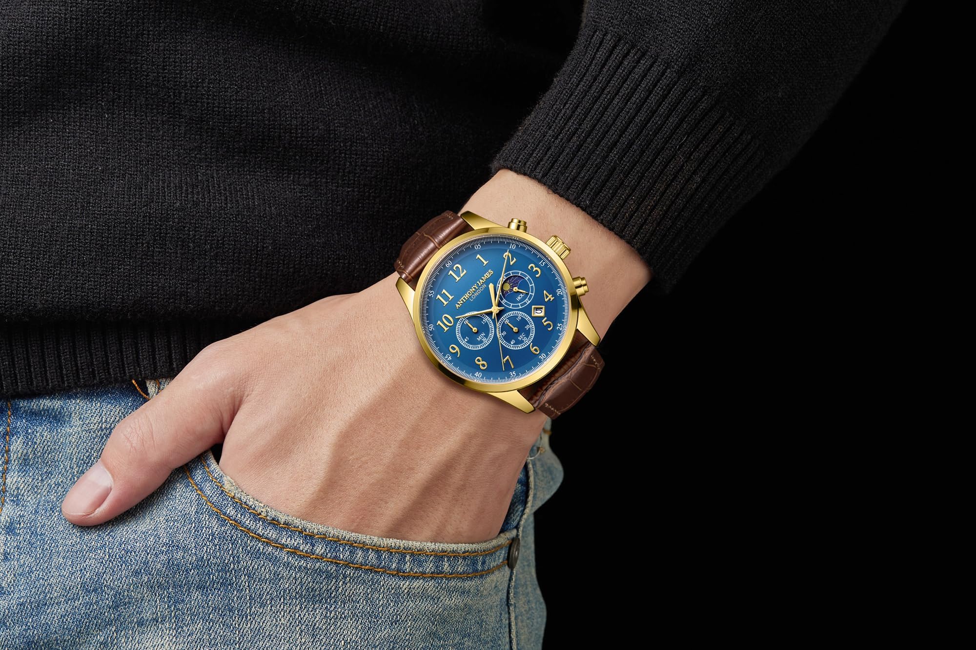 Anthony James Orologio da polso automatico da uomo con fasi lunari, retro in acciaio inox, analogico, cinturino in pelle, cronografo, assemblato a mano, resistente all'acqua e ai graffi