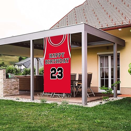 Miniatura 5 de Fondo de pancarta de feliz cumpleaños 23, fondo rojo de baloncesto estrella jugador de deportes decoración para hombre niño primer cumpleaños fiesta