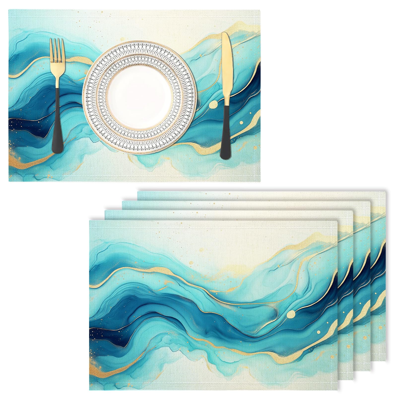 Cotton Linen Placemats - wave - Pack of 6 watercolor Heat Resistant Washable Dinner Mats Kitchen Dining Place Dinner Table Setting