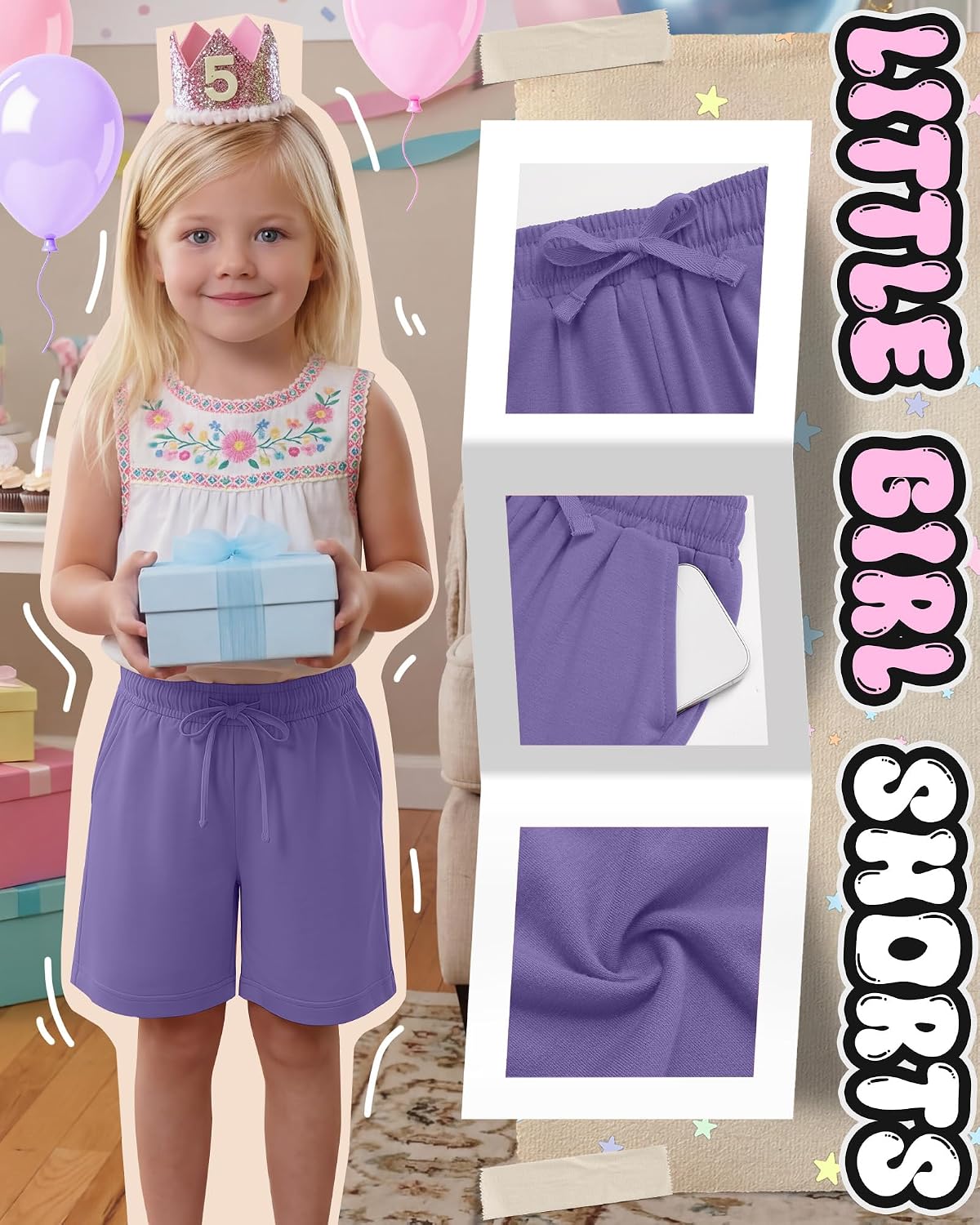 5 Pack Toddler Girls Bermuda Shorts Baggy Summer Shorts Knee Length Long Baby SweatShorts with Pockets 18 M-5 T