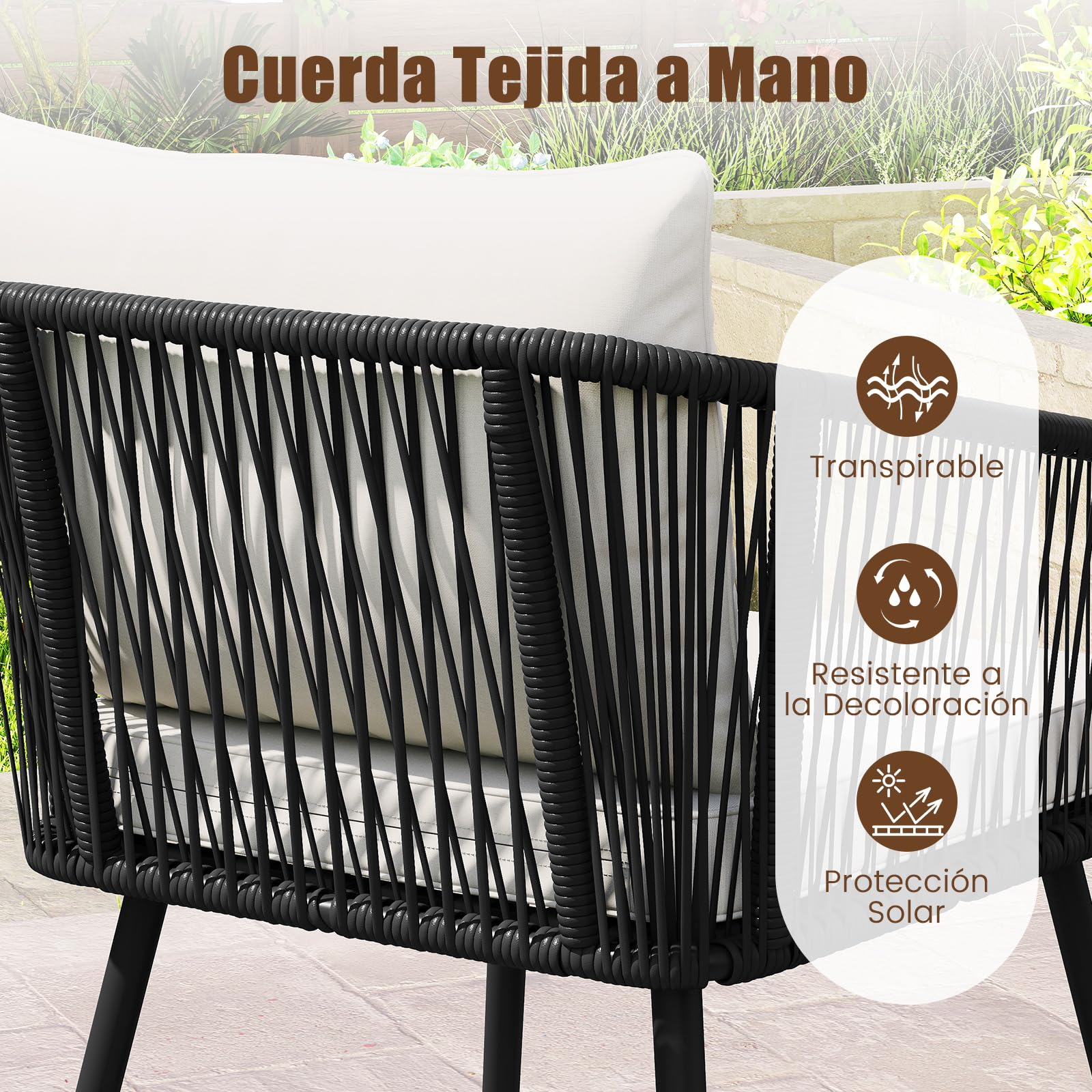 COSTWAY Conjunto Jardin Exterior de 4 Piezas, Tejido de Cuerda de PE, Sofá de 2 Plazas y 2 Sillas con Cojines, Mesa de Café de Vidrio Templado, Mesa y Sillas Terraza Balcon Exterior