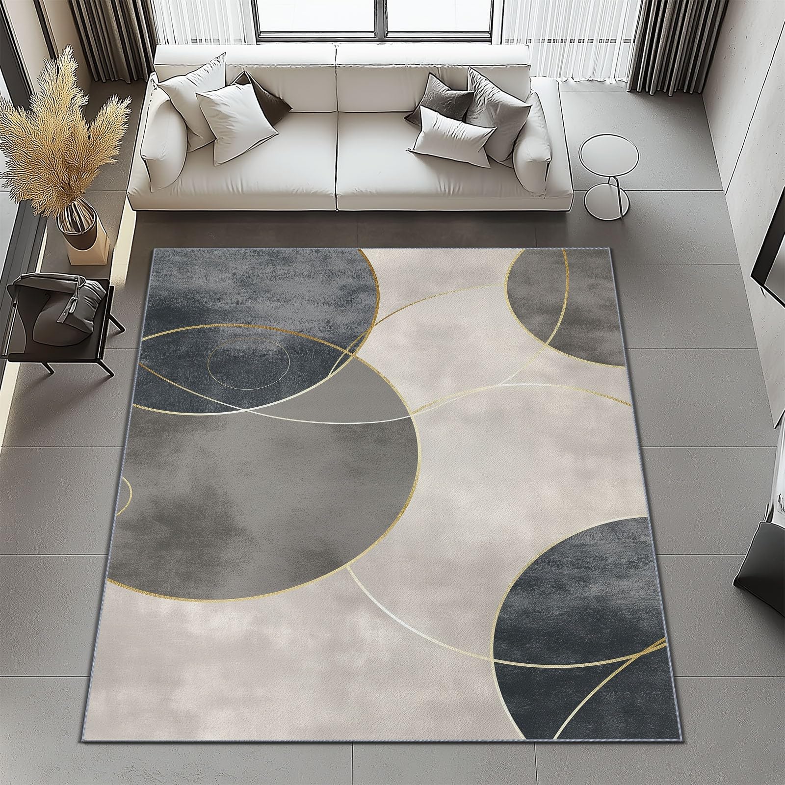 Tapis de Salon Gris Clair Motif Cercles 140 x 200 cm Poil Court