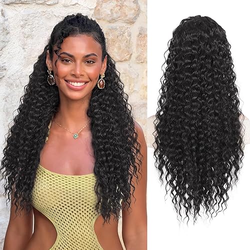 Miniatura 18 de QGZ Extensión de cola de caballo con cordón para mujeres negras de 18 pulgadas, cola de caballo afro sintética larga y rizada para uso diario