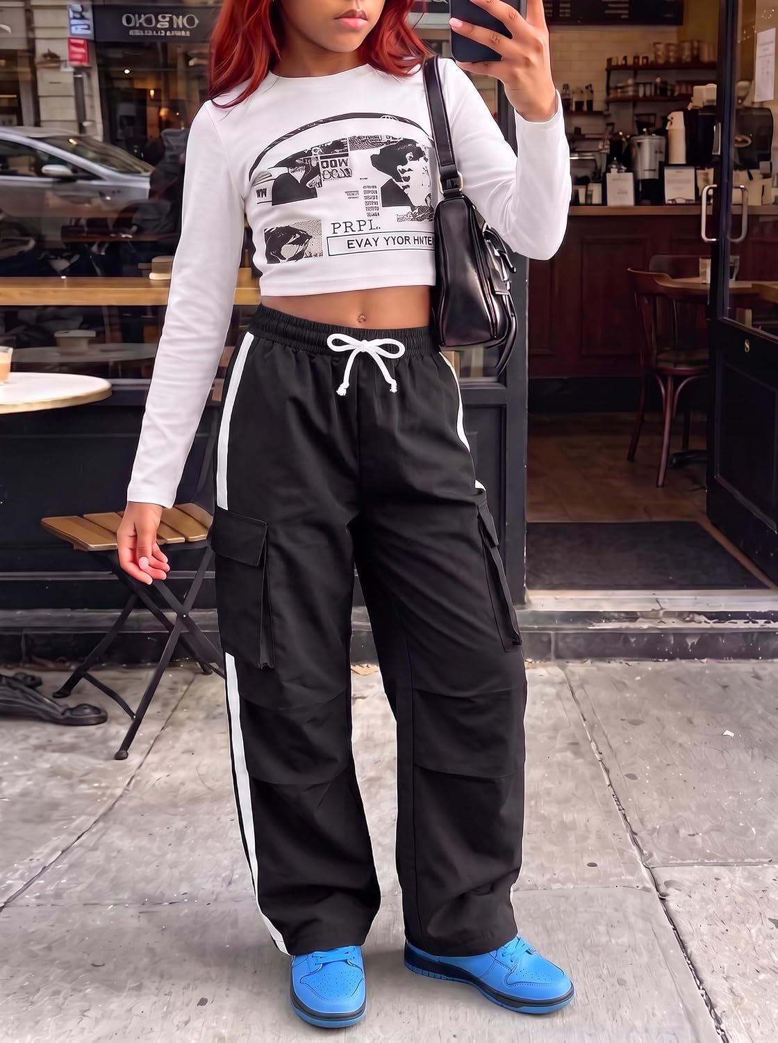 Girls Cargo Pants Wide Leg White Side Stripe Track Trousers with Pockets Baggy Streetwear Y2K Aesthetic