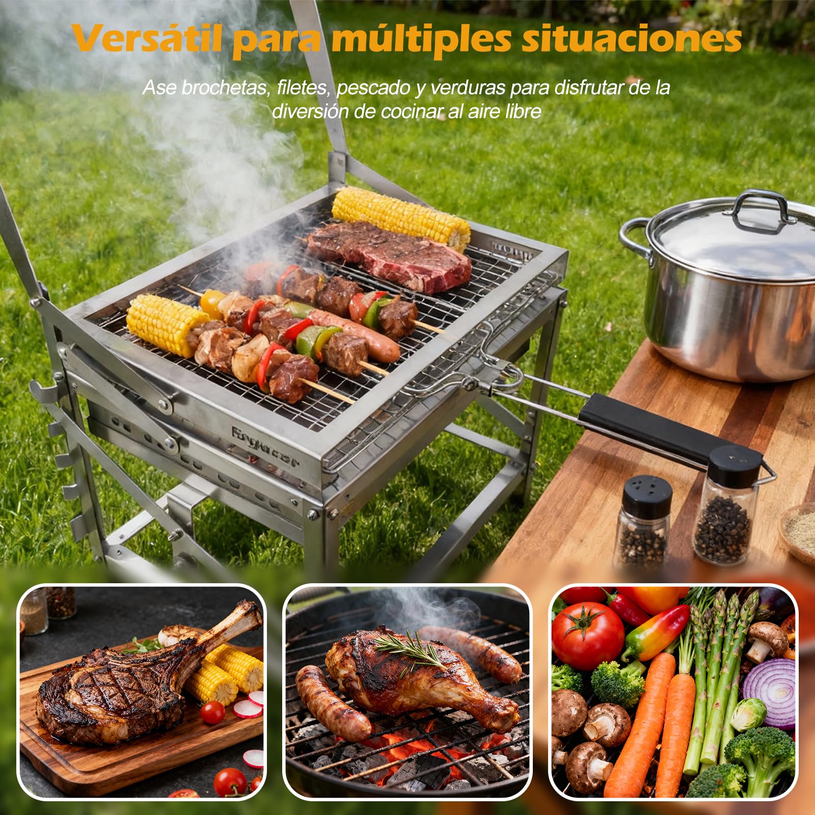 Ergocar Parrilla De Barbacoa Carbón - Parrilla Portátil Multifuncional Para Giratorio Exteriores Con Bandeja Carbón 4 Niveles y Altura Ajustable Ideal Para Picnics, Acampadas y Barbacoas