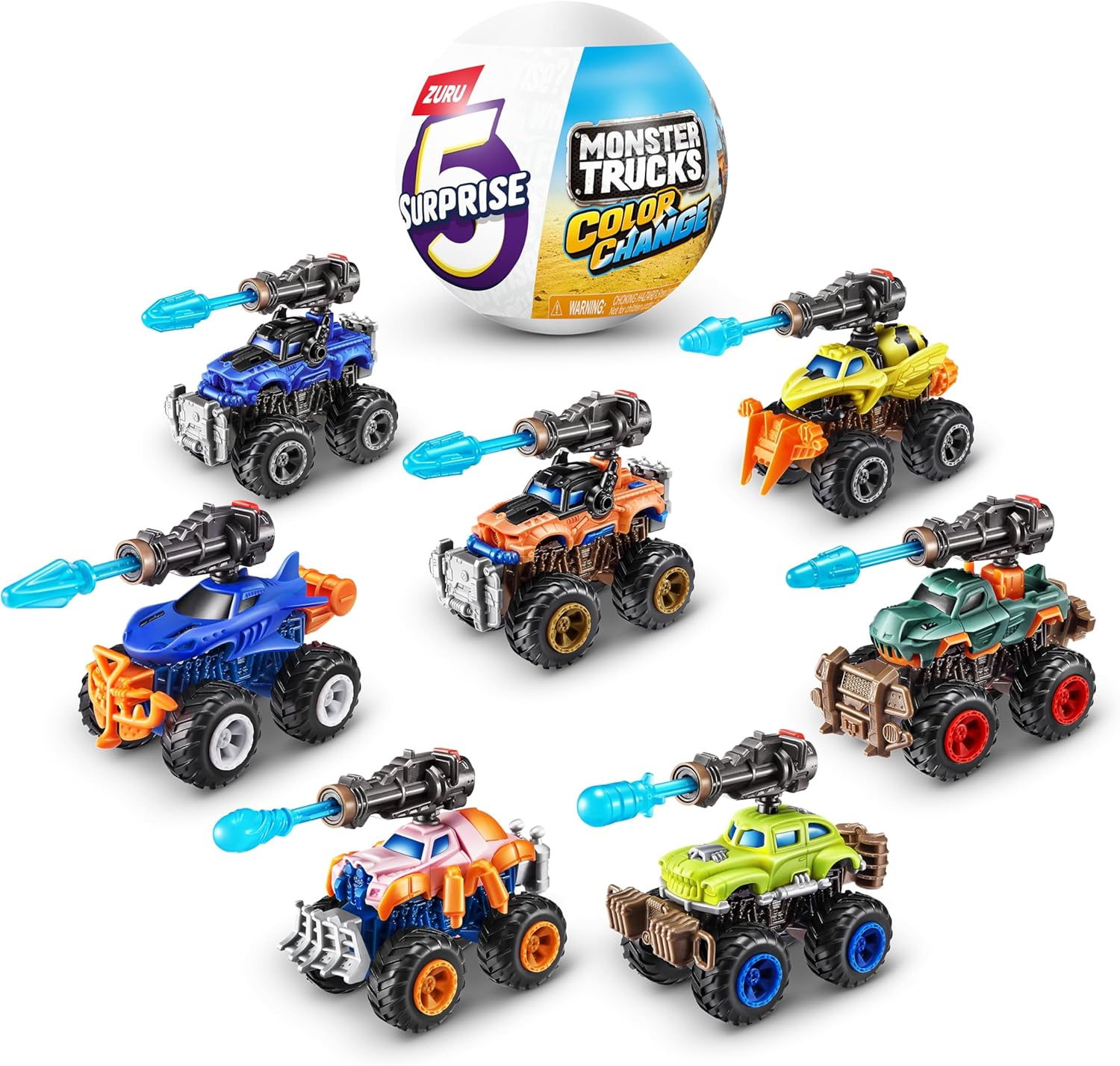 5 Surprise Monster Trucks Series 3 Color Change (2 Pack) by ZURU Collectible Racing Battle Surprise Fireable Weapons Action Toys for Boys