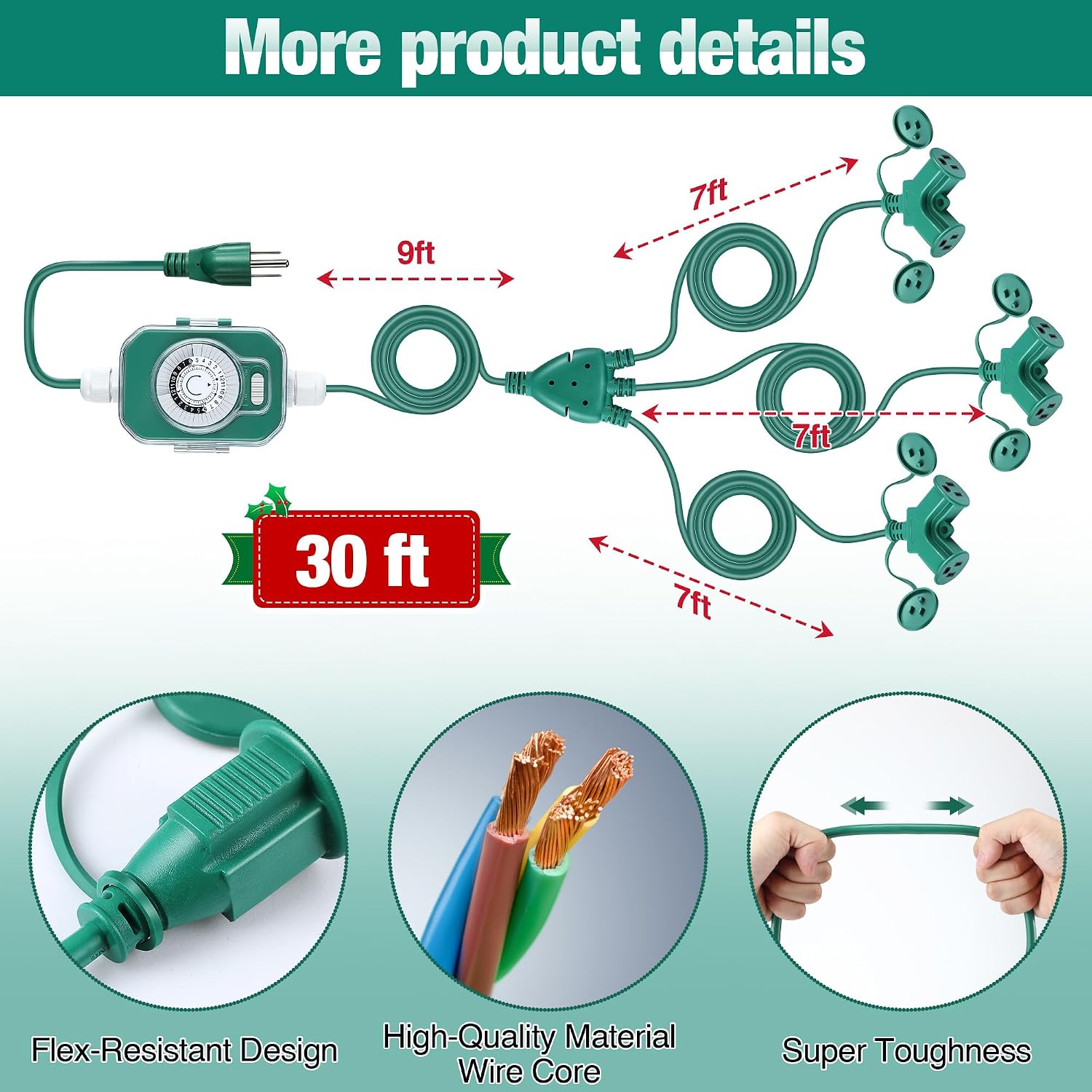 Feekoon 30 Ft Extension Cord Outdoor with Outlet Timer, 1 to 3 Splitter Extension Cord with Multiple Outlets 16/3 SJTW Green Split Cable Weatherproof Covers for Holiday Christmas Lights
