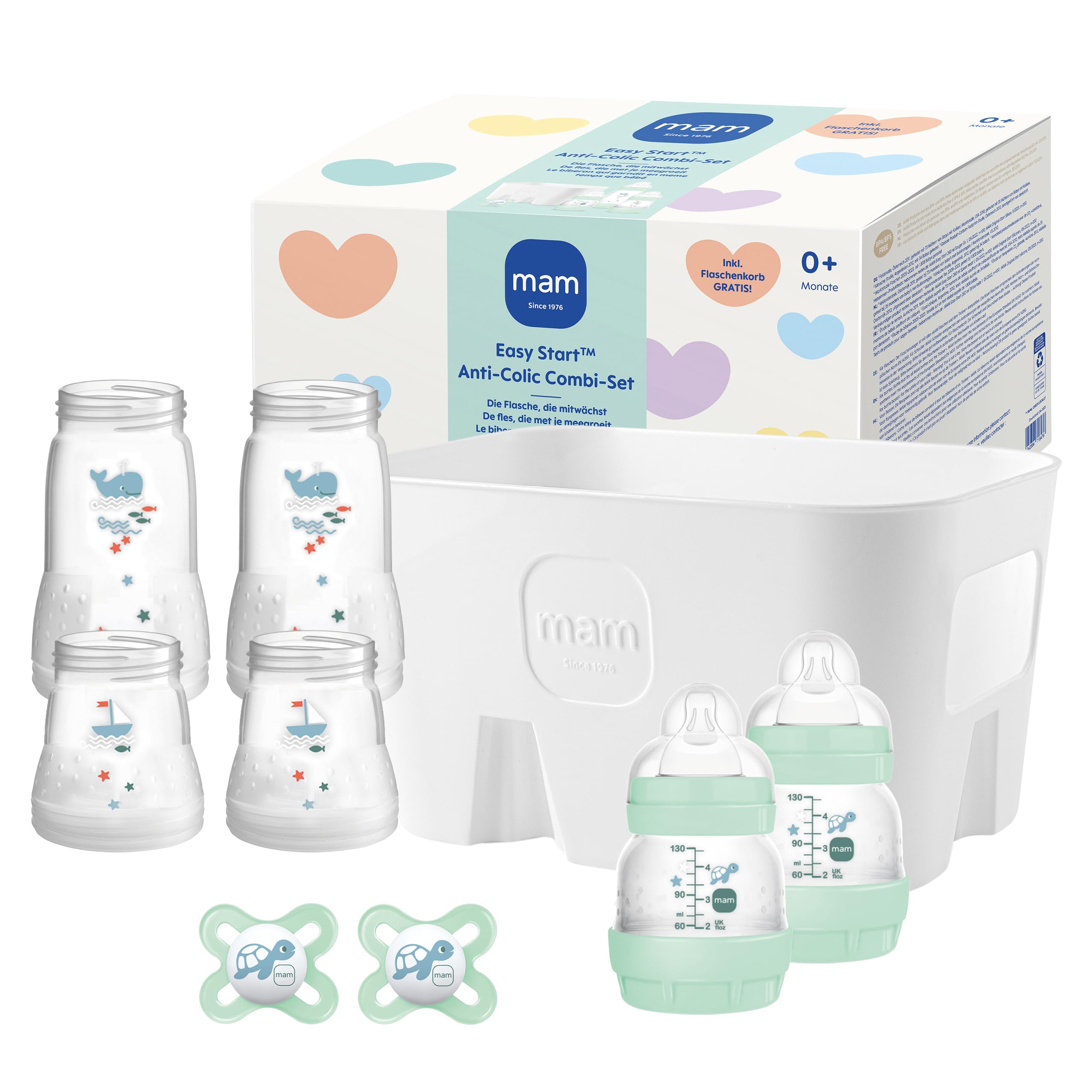 MAM Easy Start Anti-Colic Combi-Set | 0+ Mon | Babyflaschen-Set | 94% Akzeptanz | 96% Hebammen-Empfehlung | 80% weniger Koliken | 6 Trinkflaschen, 2 Original Start Schnuller & 1 Flaschenkorb | mint