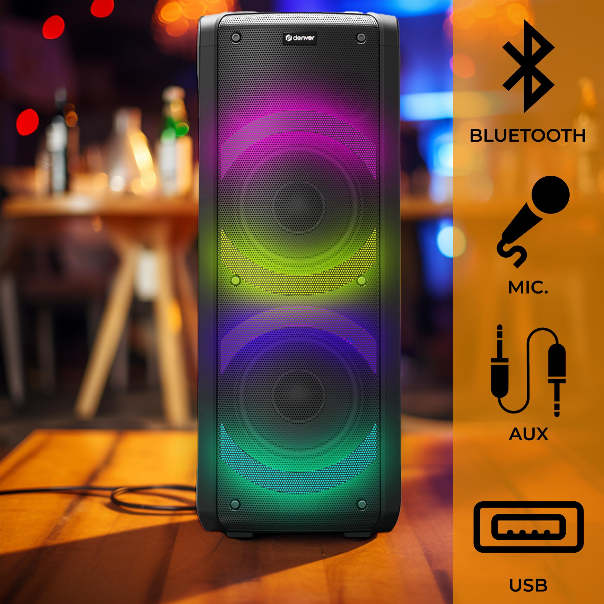 Denver Party-Speaker BPS-352 mit Bluetooth, Party-Lautsprecher, Karaoke | Karaoke Box mit Mikrofon, LED Lichteffekt, TWS Stereo Kopplung, 2x 6,5 Zoll Woofer, USB, MicroSD, AUX, Akku