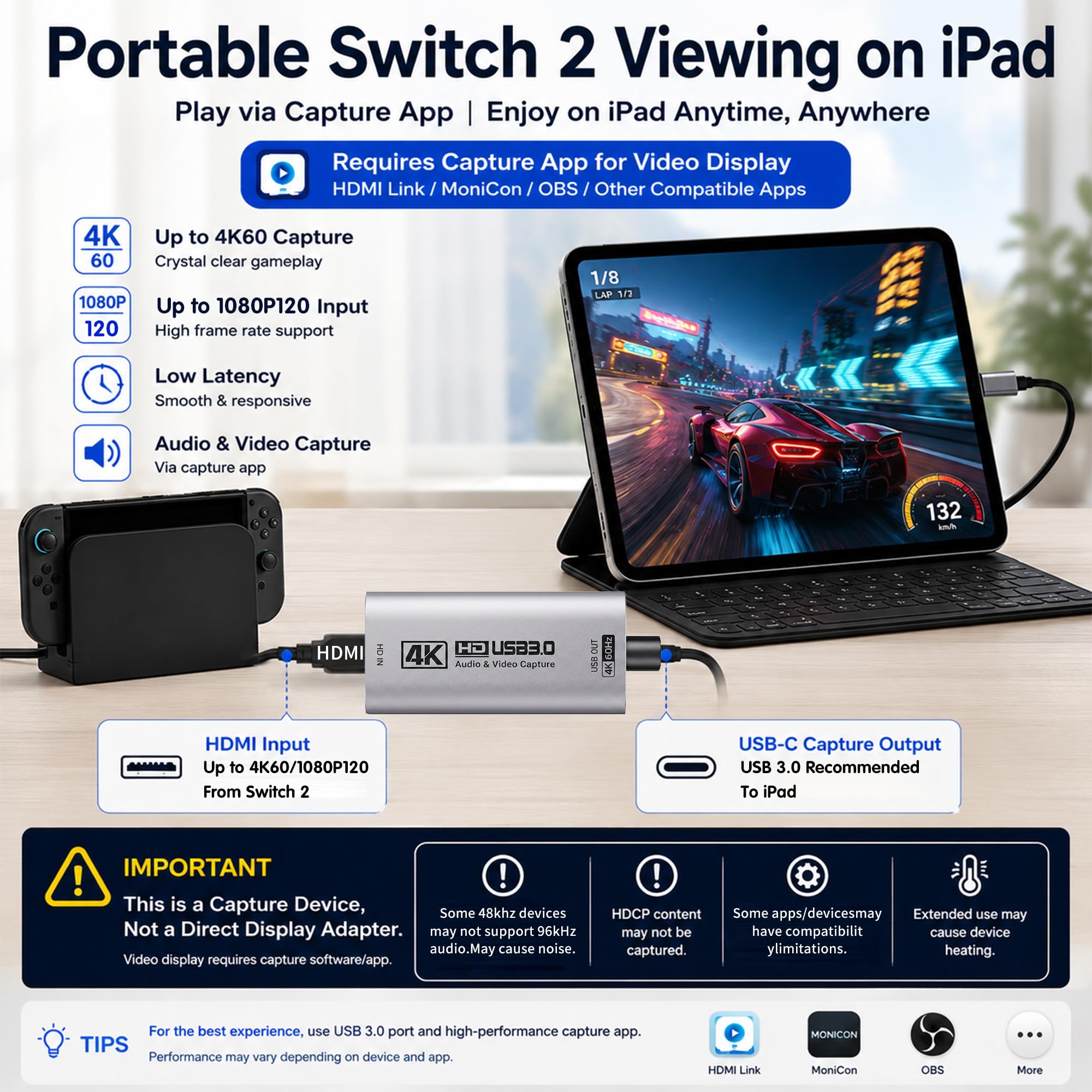 Guermok Scheda acquisizione video audio, USB 3.0 HDMI a USB C, dispositivo di acquisizione 4K 1080P60FPS per gaming, streaming, registrazione video, compatibile con Windows, Mac OS, Switch2/1 Guermok Scheda acquisizione video audio, USB 3.0 HDMI a USB C, dispositivo di acquisizione 4K 1080P60FPS per gaming, streaming, registrazione video, compatibile con Windows, Mac OS, Switch2/1