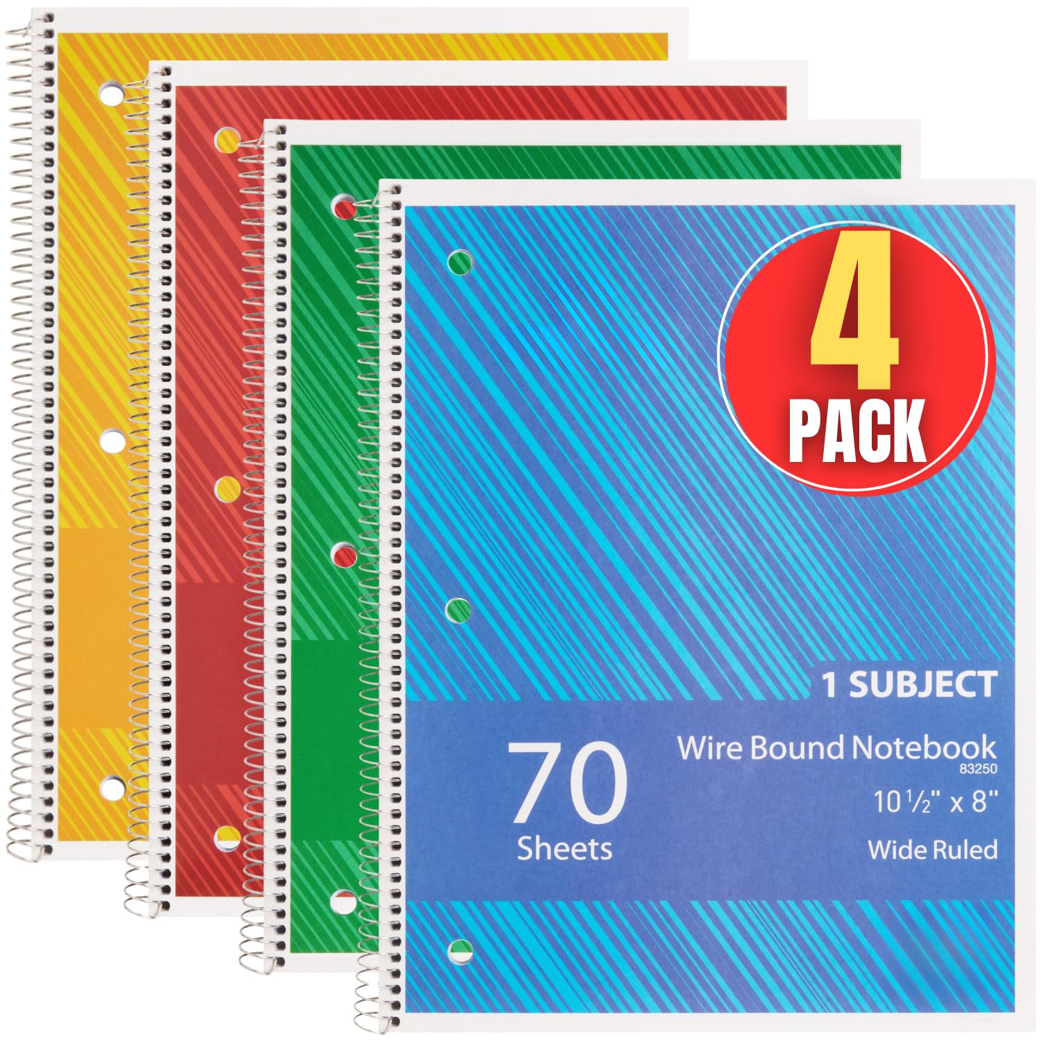 1InTheOffice Spiral Notebook 8.5x11 Wide Ruled, 1-Subject Notebooks, Wirebound Spiral Notebooks, 3-Hole Punched, 70 Sheets, Assorted Colors, 4 Pack