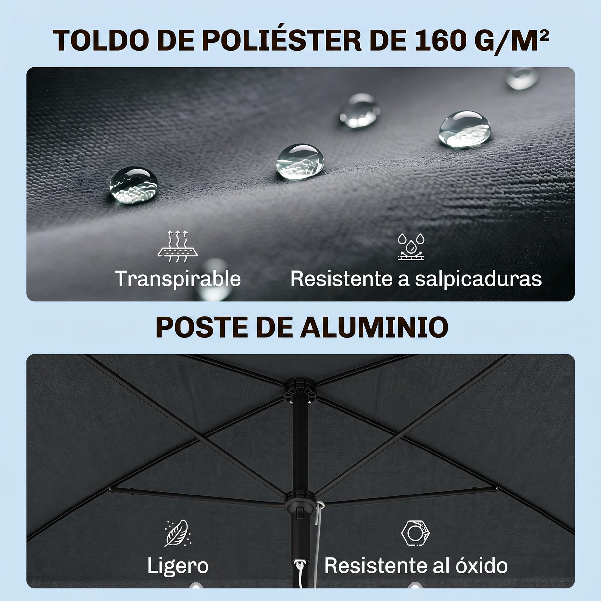 Outsunny Sombrilla de Jardín de Aluminio 2x1,3x2,5 m Parasol de Jardín Rectangular con Función de Inclinación para Terraza Patio Exterior