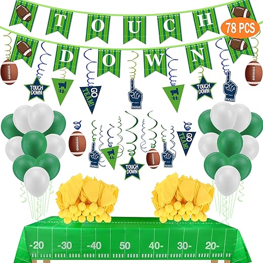Football Party Decorations-include Tablecloths, Penalty Flag Paper Napkins, Banner, Hanging Swirls and Balloons for Super Bowl Party Supplies