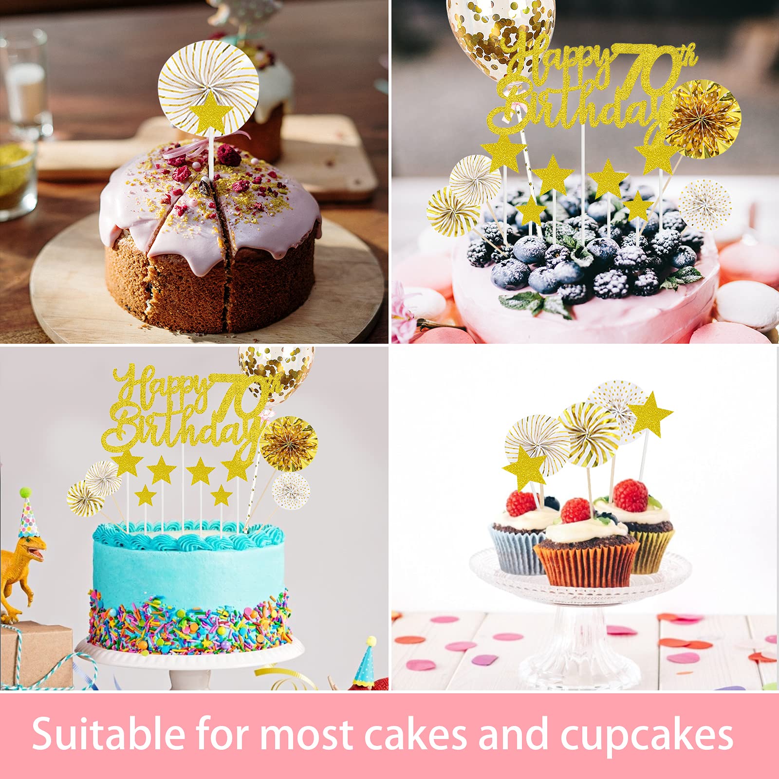 Kuchendekoration Zum 70. Geburtstag – 12 Goldglitzernde Cupcake-Topper Mit Sprüchen Wie 'Cheers To 70'