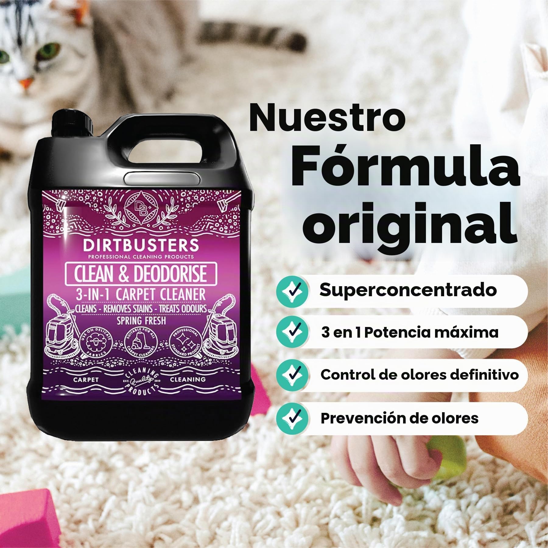 Dirtbusters Limpiador para Moquetas y Tapicerías 5L Fórmula Concentrada 3 en 1 Limpia y Desodoriza Moquetas y Tapizados. Elimina y Neutraliza los Malos Olores. Aroma Primaveral