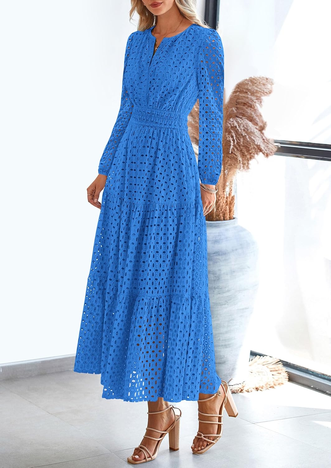 PRETTYGARDEN Women's Long Sleeve Maxi Dress V Neck Hollow Out Eyelet A Line Long Flowy 2026 Spring Wedding Guest Dresses