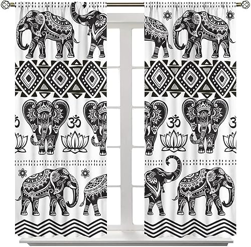 Miniatura 8 de Cortinas opacas de elefante, estilo étnico indio, bohemio, flores de loto de elefante blanco y negro, divertidas cortinas con patrón de animales