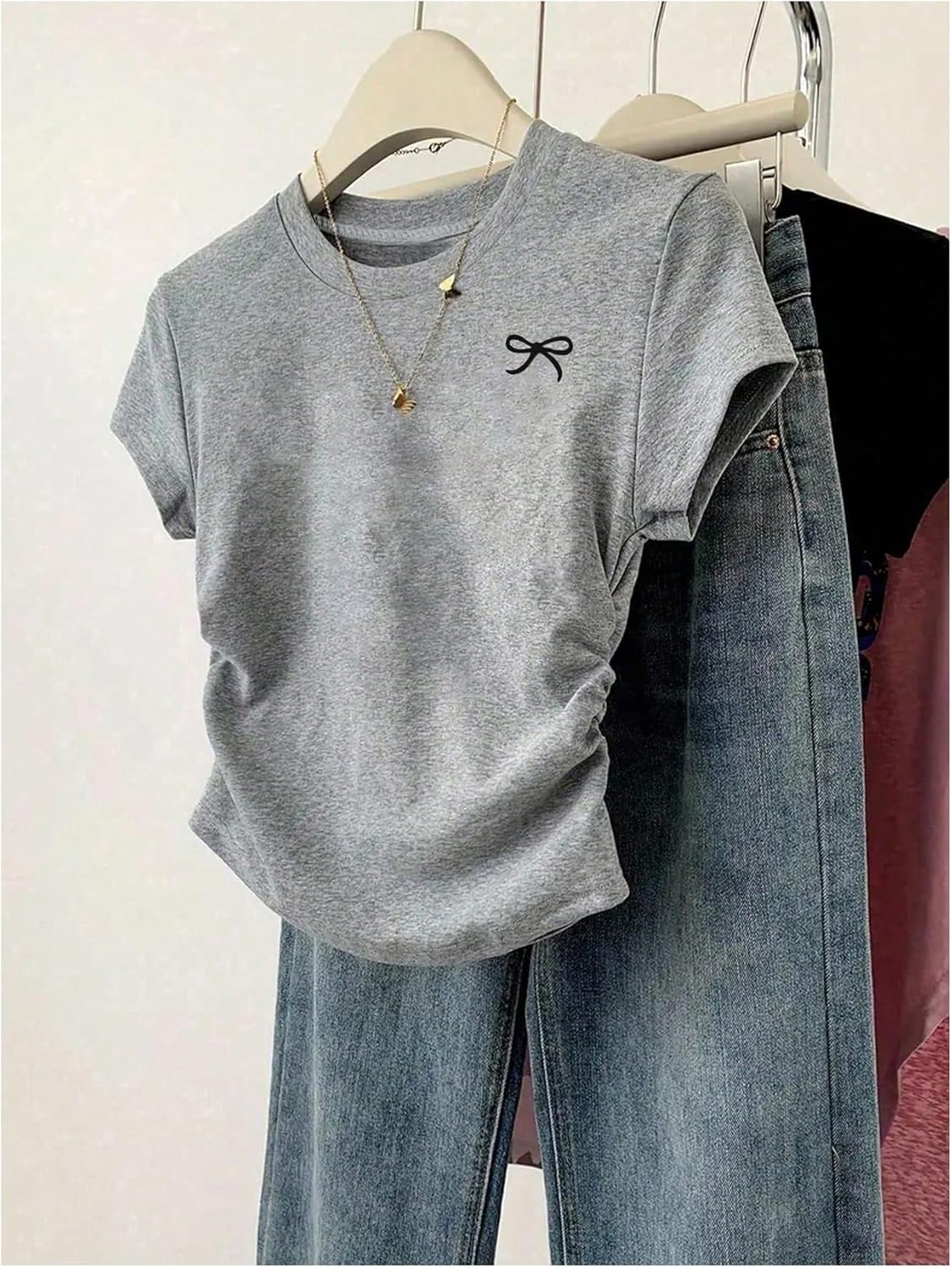 OYOANGLE Girl's 3 Piece Bow Graphic Short Sleeve Cute Shirts Set Ruched Slim Fitted Tee Tops Blouses - Image 5