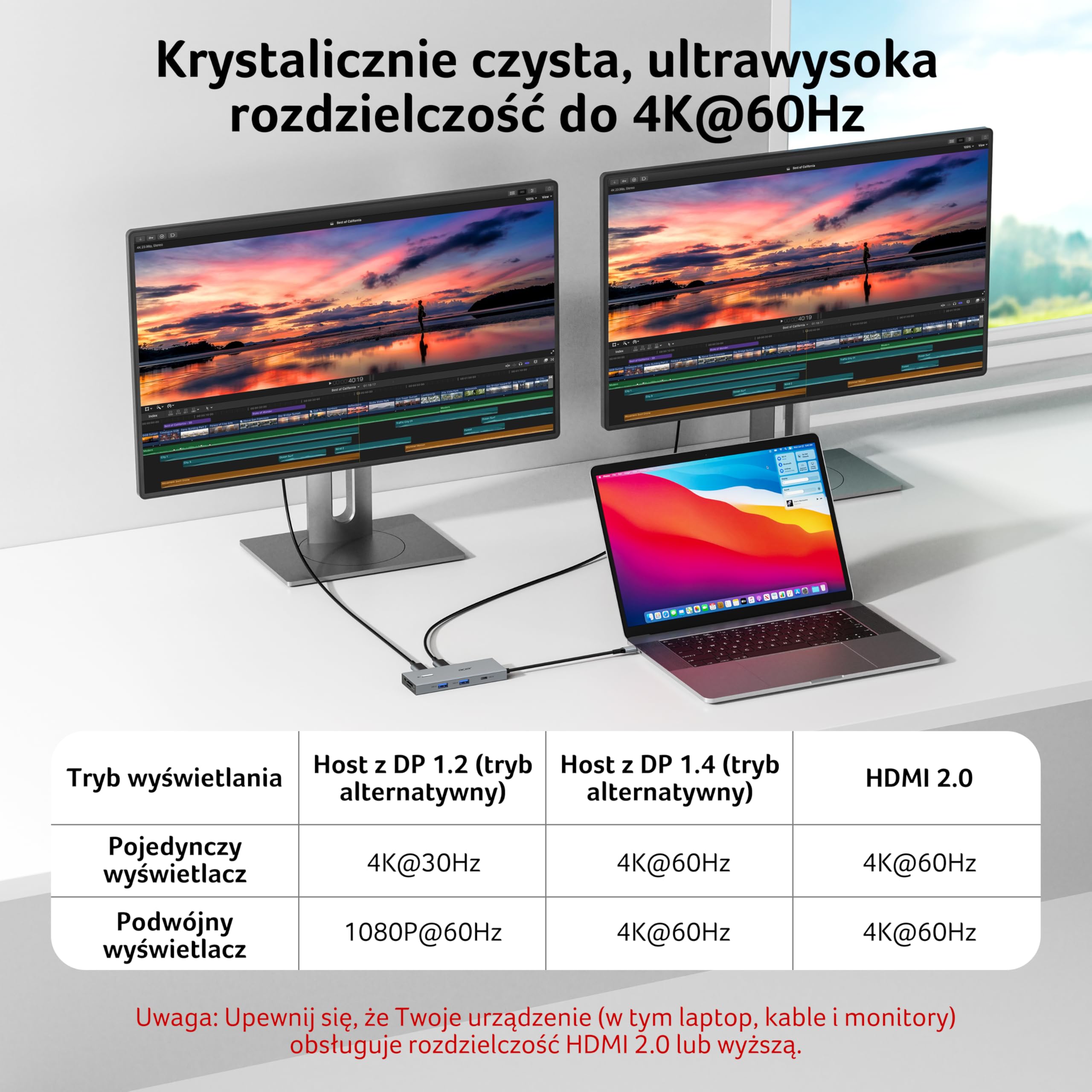 acer USB-C Hub 9w1, Stacja dokująca do laptopa z 4K@60Hz Dual HDMI, 3 USB-A 3.0 (5Gbps), port danych typu C, 100W PD, gniazdo na kartę SD/TF, do Acer, laptopów, MacBooka, iPada, Surface, XPS itp.