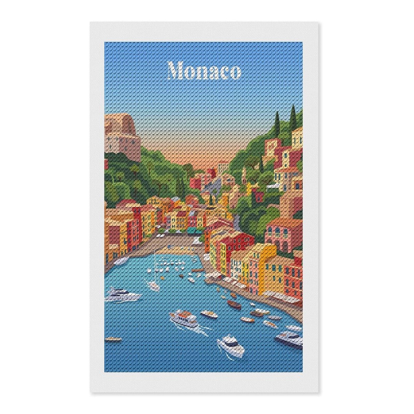 Junmoney Monaco Coastal Town DIY Diamond Art Canvas Kit 12"x20", Farmhouse Decor, Vintage Style Decor, Handmade Wall Decor, Canvas Picture