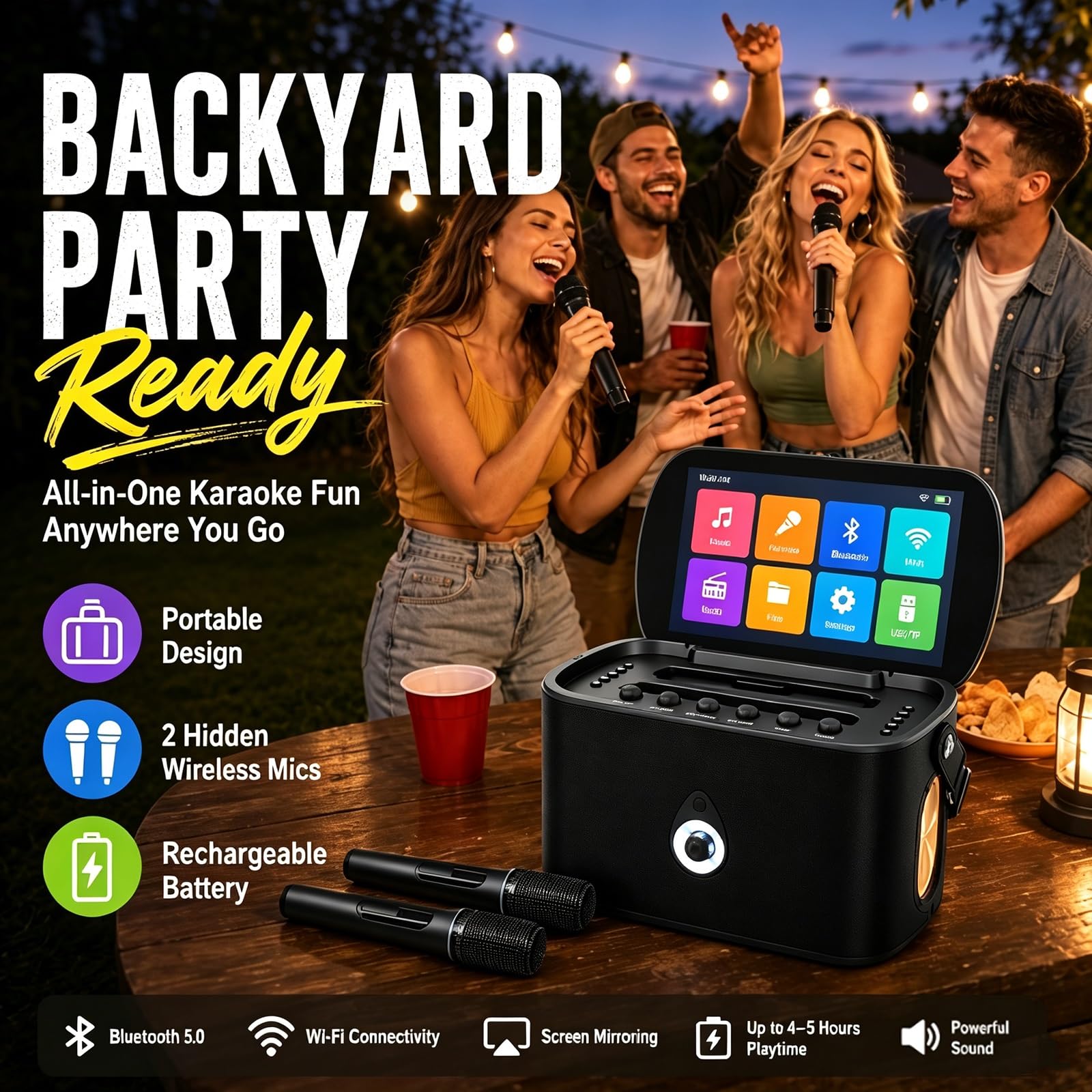 Máquina de Karaoke for Adultos, Máquinas de Karaokes Portátiles | 2 micrófonos inalámbricos de carga automática, aplicación de Karaoke, altavoz de 30 W, se conecta a la TV for fiestas en casa