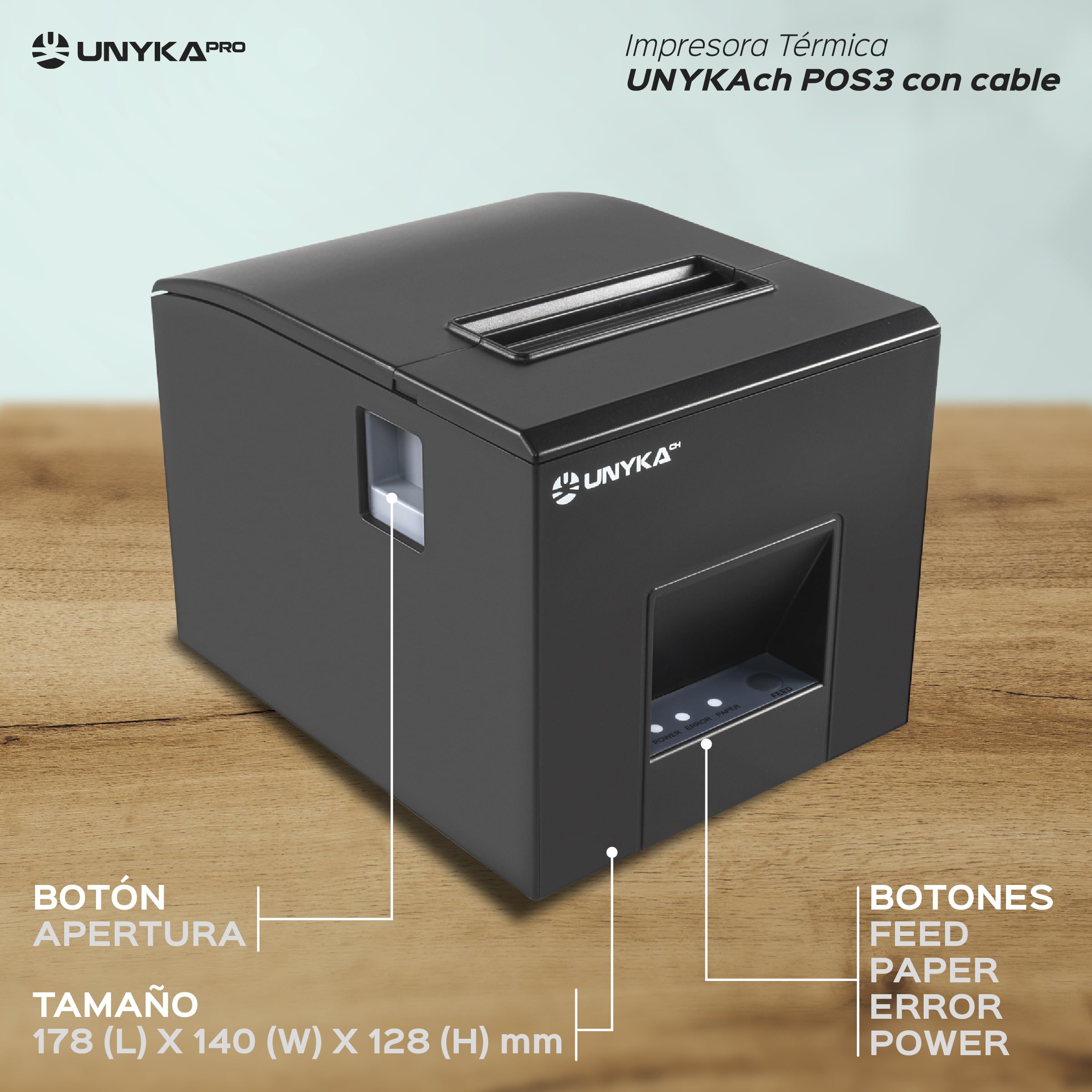UNYKAch Aykach Thermal Drukarka banknotów UK56007 POS3, kompaktowa, papierowa 80 mm, połączenia szeregowe, USB, RJ12, RJ11 i LAN, kompatybilna ze wszystkimi systemami