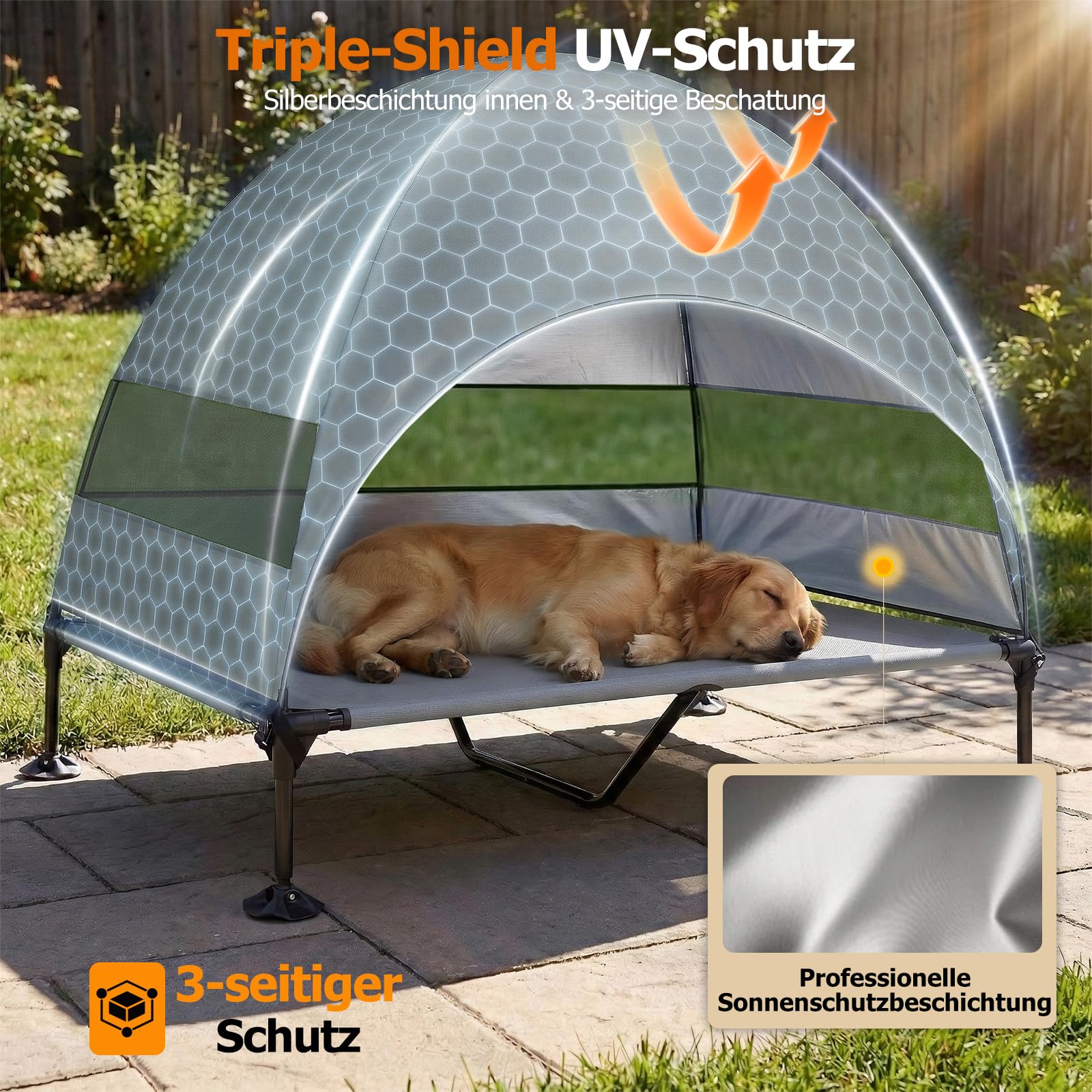 Erhöhtes Hundebett Outdoor mit UV-beständiges Dach，Hundeliege Klappbar mit Anti-Rutsch-Füßen, Hundezelt Outdoor mit Großem Schatten, Kühlendes ErhöHtes Hunde Bett für Camping, Garten & Pool (Grau, XL)