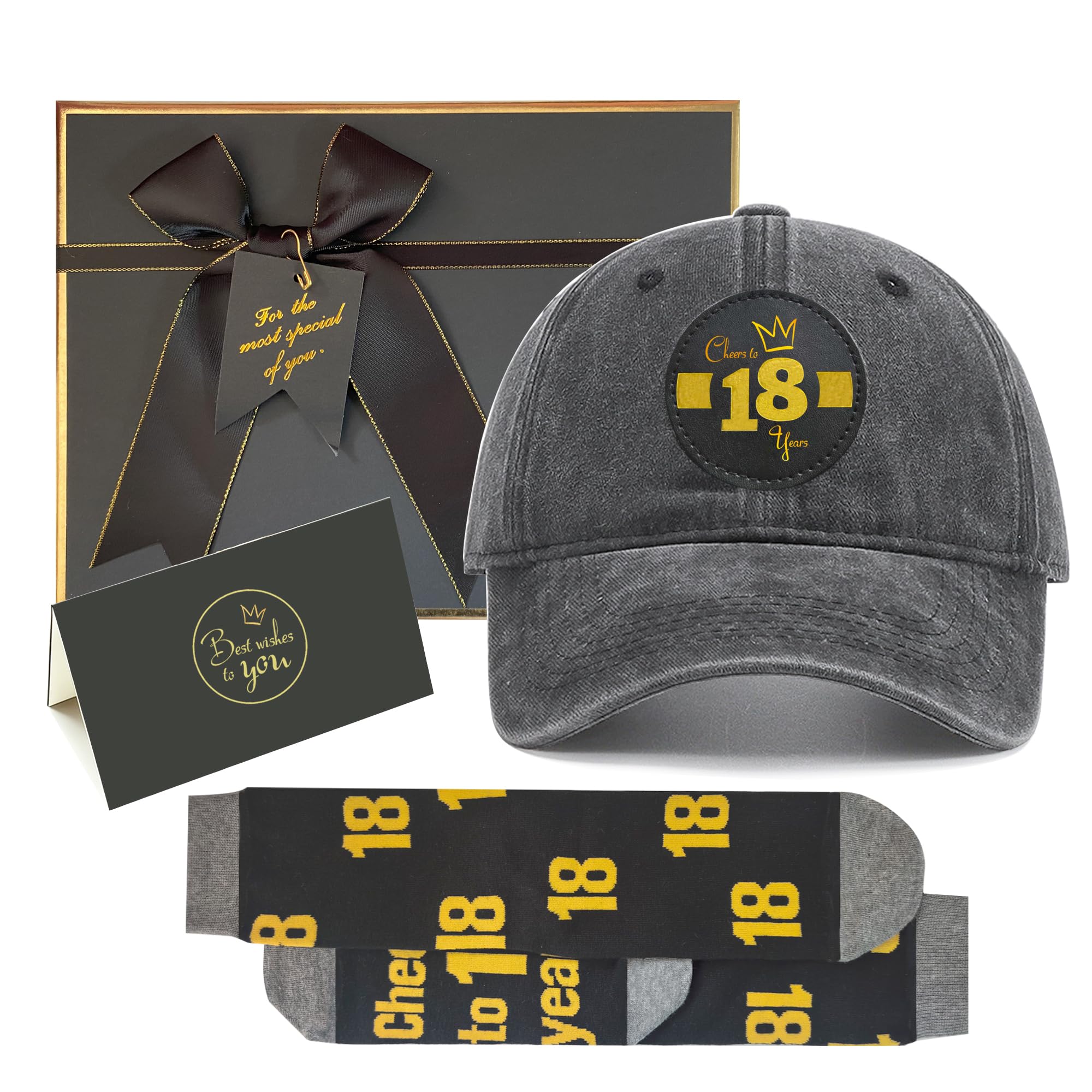 Sotpot Ready Gift 18th Birthday Gift Set for Boys, Vintage Washed Black Cap Gold Foil Patch, 18th Socks, Gold Foil Card & Metallic Edged Gift Box, Gifts for Son, Brother
