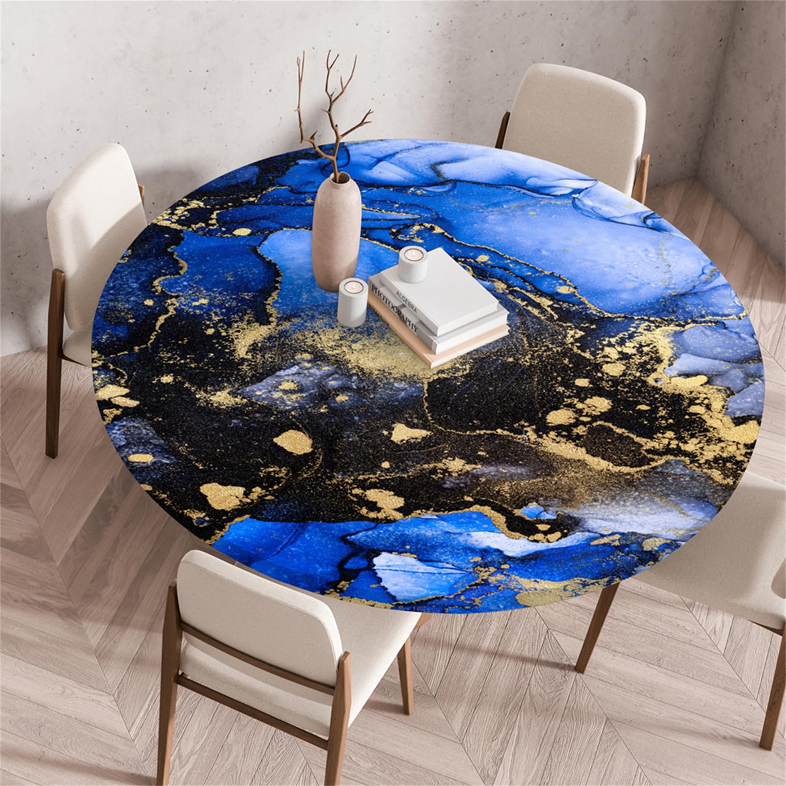 Muiuou Reusable Elastic Fitted Round Tablecloth, Marble Printing Tabletop Waterproof Oil-Proof Round Table Cover Cloth, Fitted Restaurant Kitchen Home Decoration